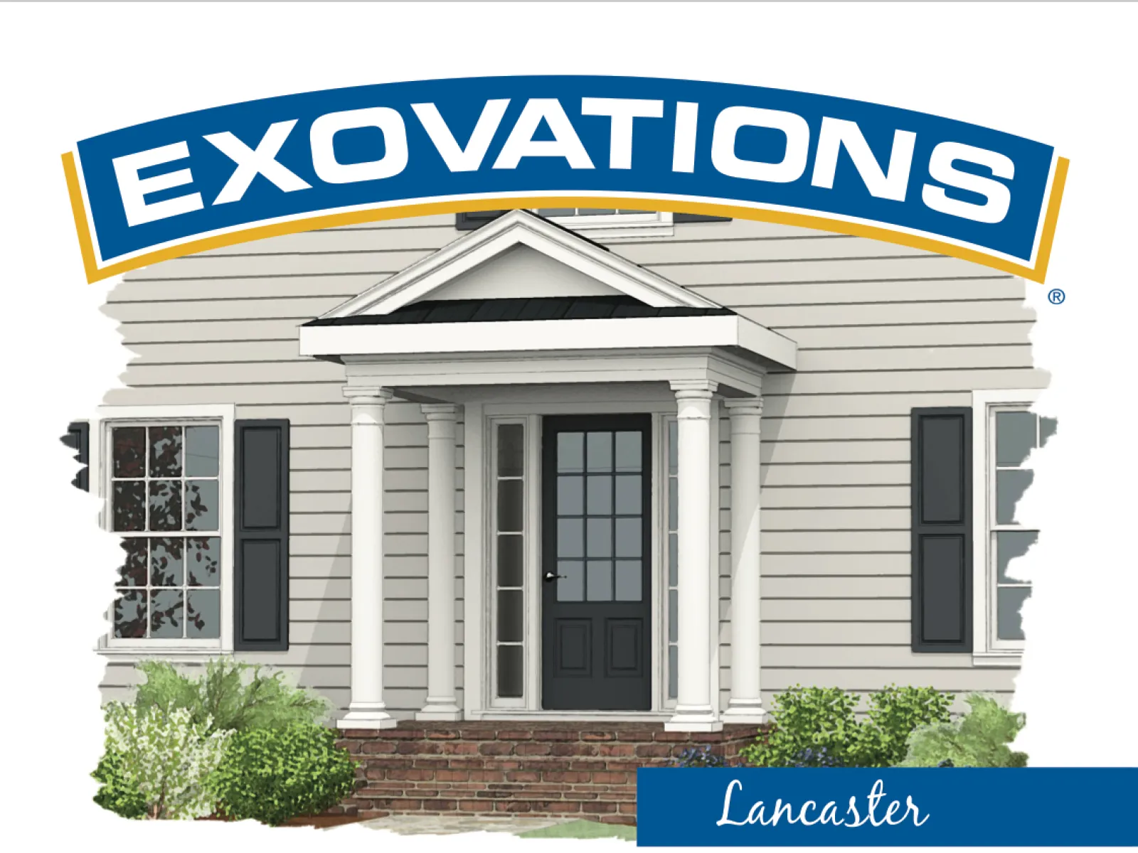 Front view of a classic home entrance with a gable style portico and round columns under a standing seam metal roof.