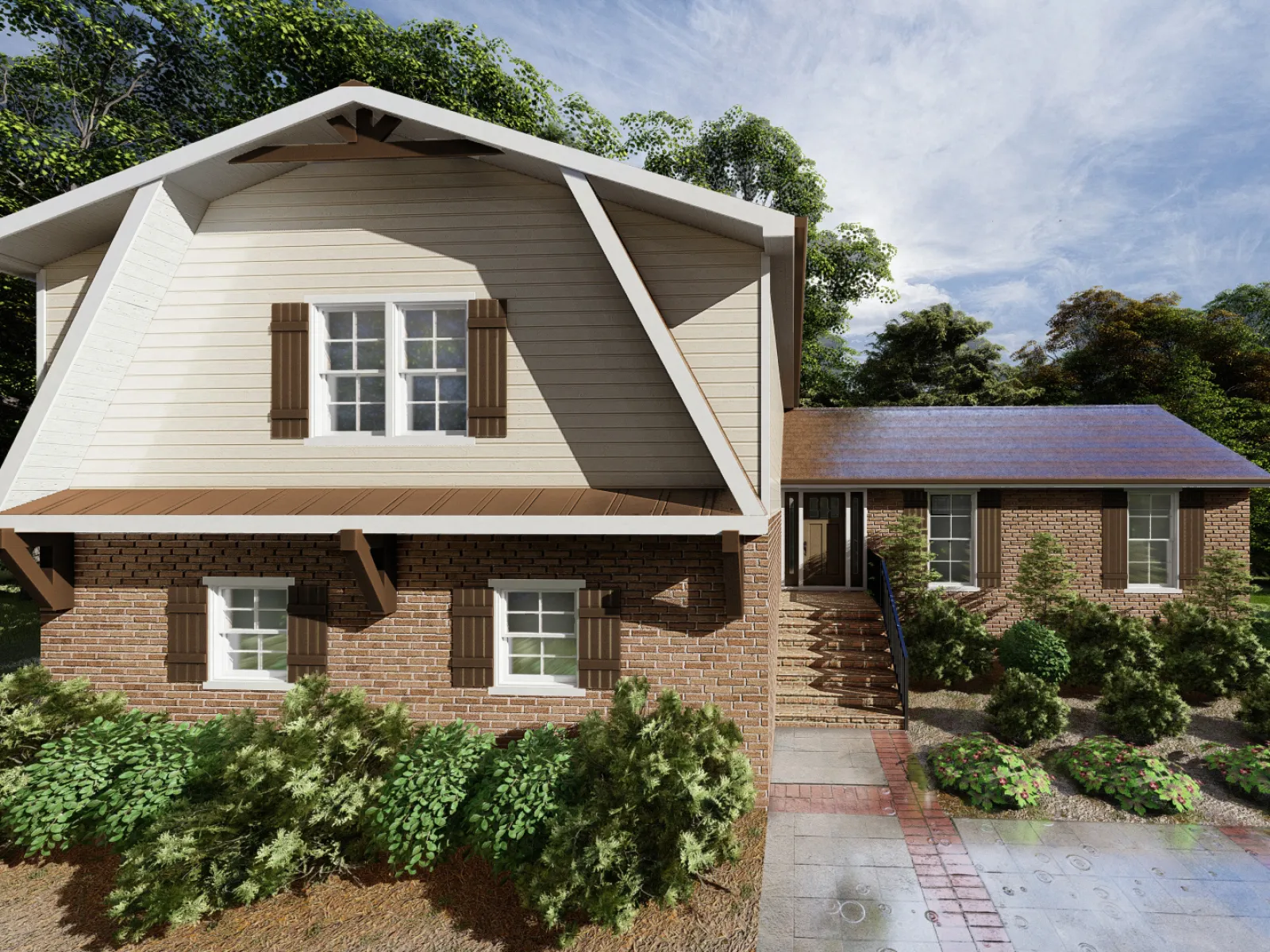 Two-story house with brick lower level, cream siding upper level, wooden shutters, and surrounding green shrubs and trees.