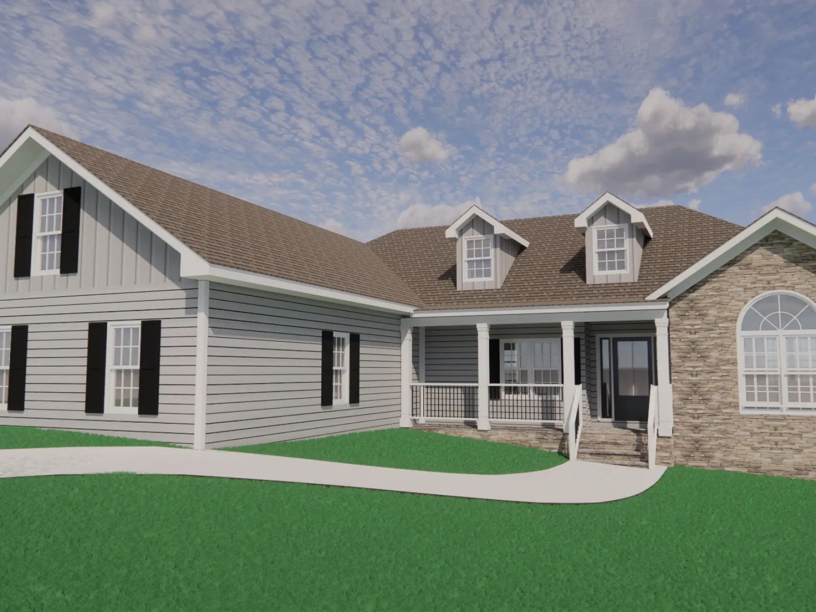 Single-story modern house with gray siding, stone accent wall, and front porch under a partly cloudy sky