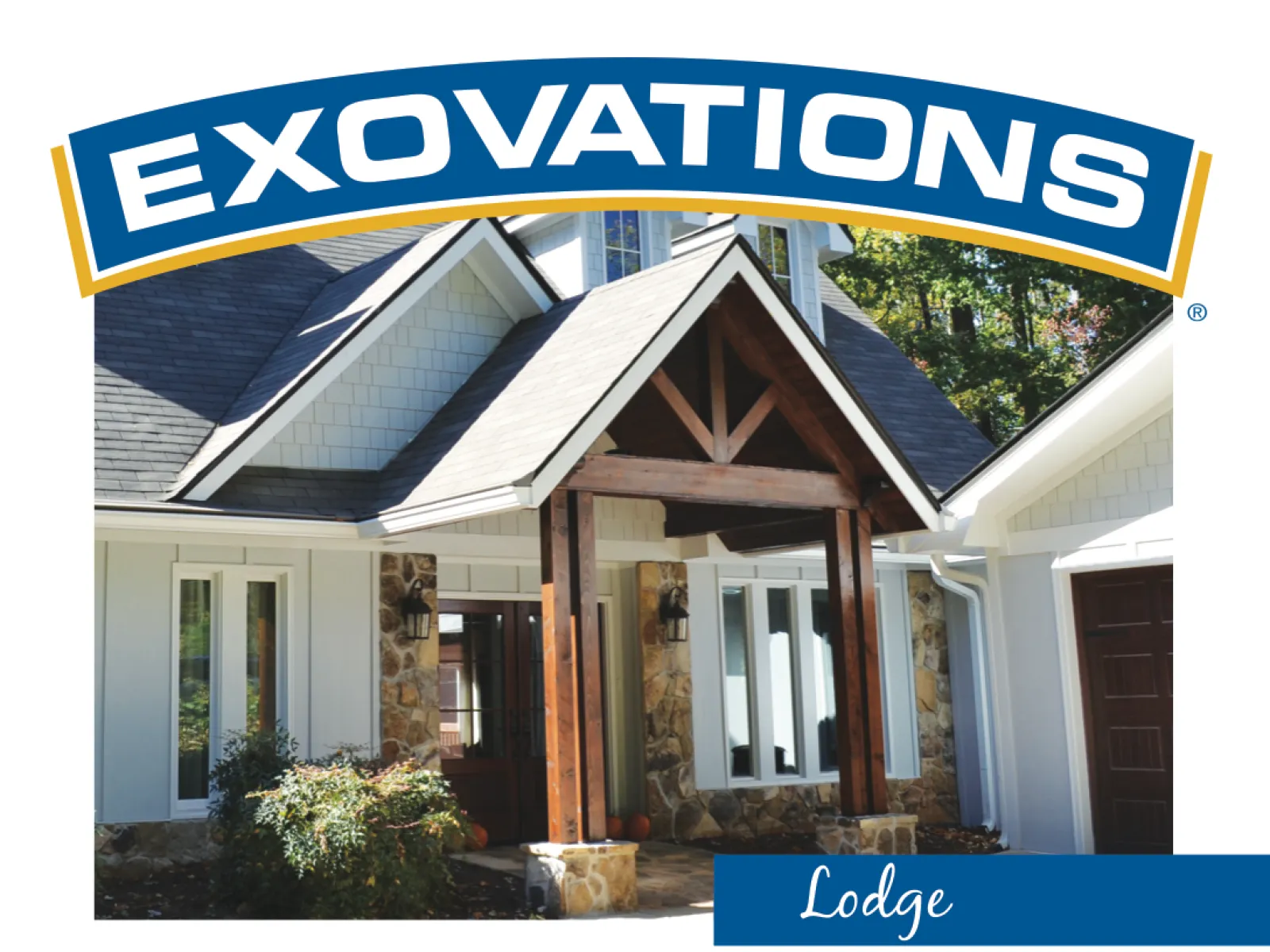 Classic lodge-style front porch with cedar gable, stone bases, and vaulted tongue-and-groove ceiling.