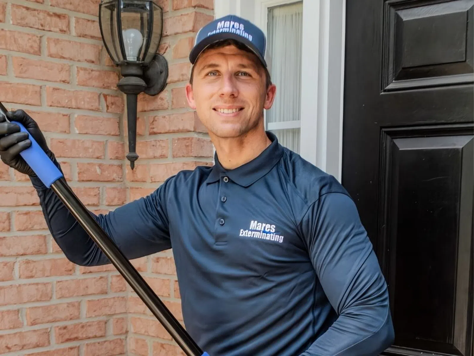 Smiling male pest control worker in Mares Exterminating uniform holding equipment outside a residential door.