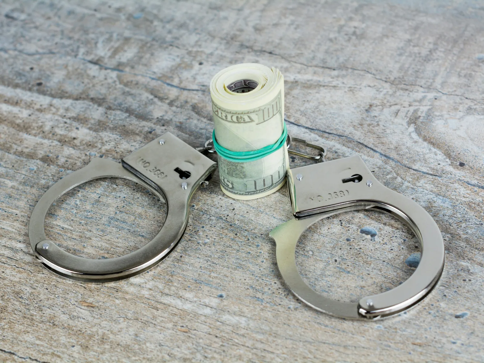 Metal handcuffs and rolled US dollar bills secured together on a wooden surface symbolizing financial crime.