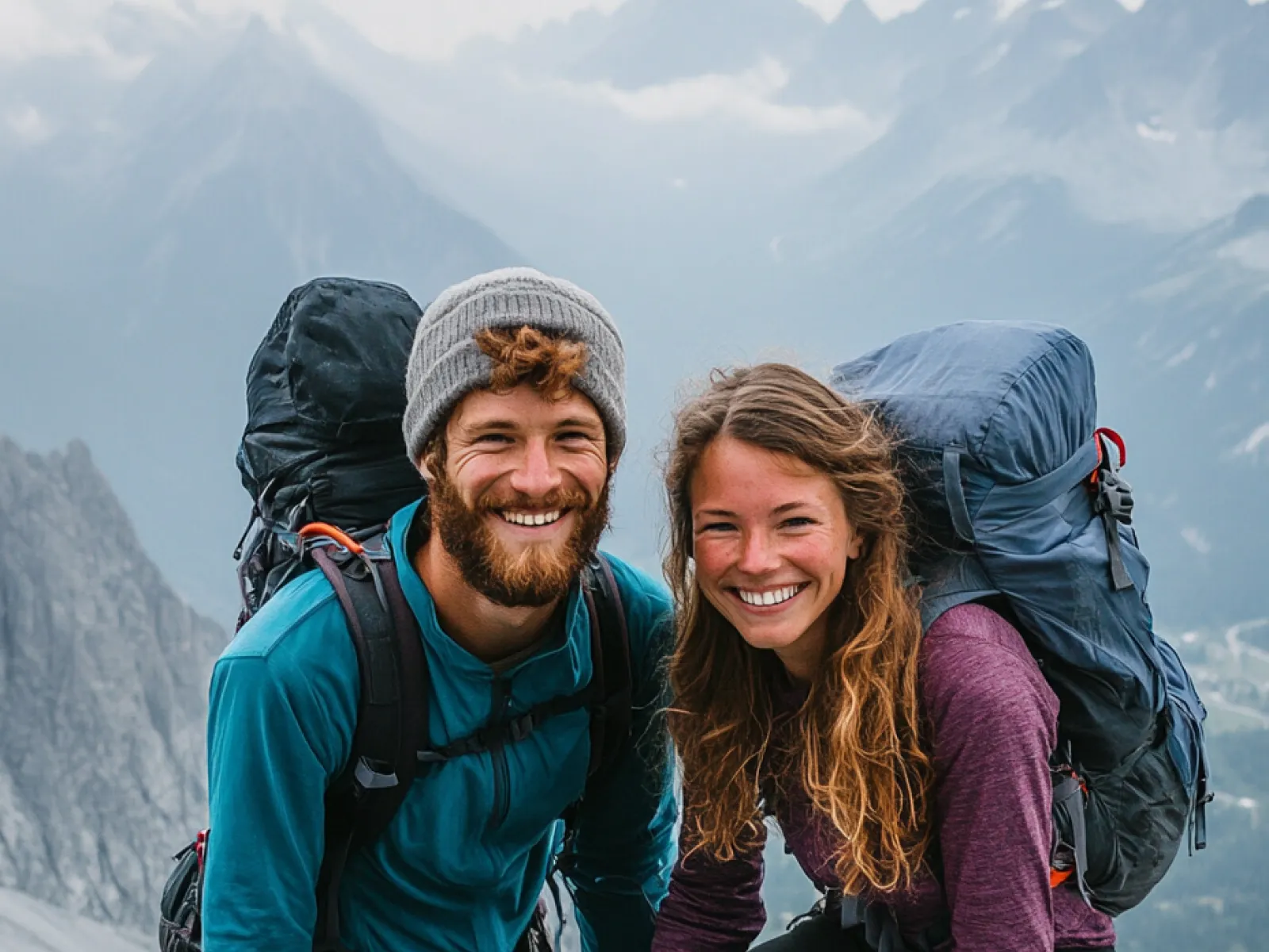 a man and woman posing for a picture on a mountain