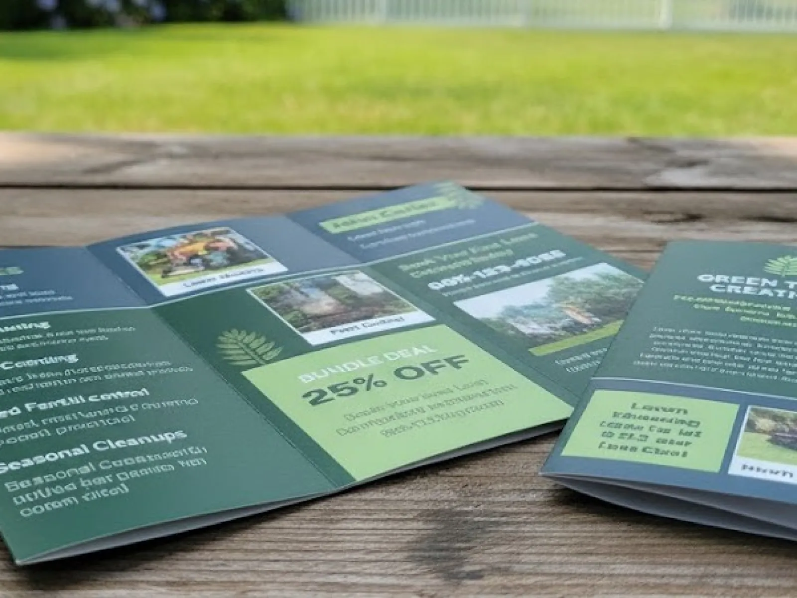 Two Green Thumb Creations landscaping brochures on a wooden table with a garden and white fence in the background.