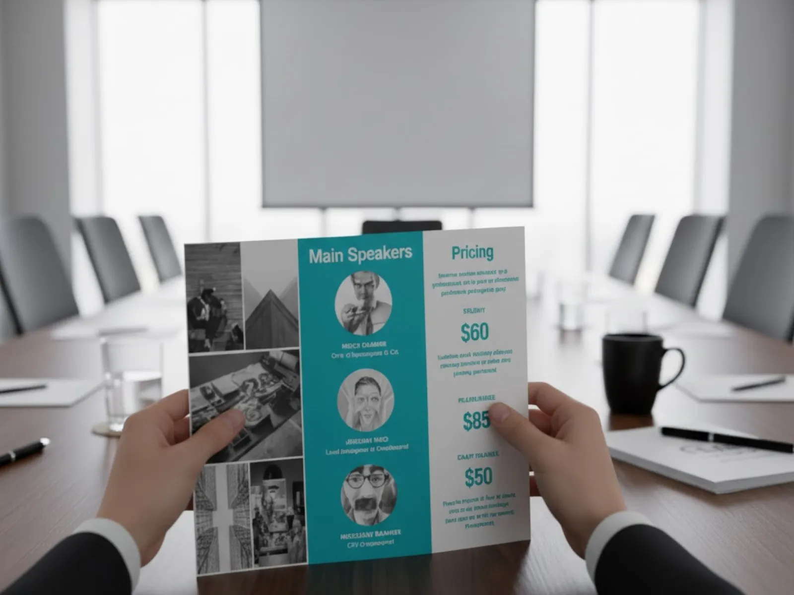 Person in formal attire holding a conference brochure showing main speakers and pricing in a modern boardroom.