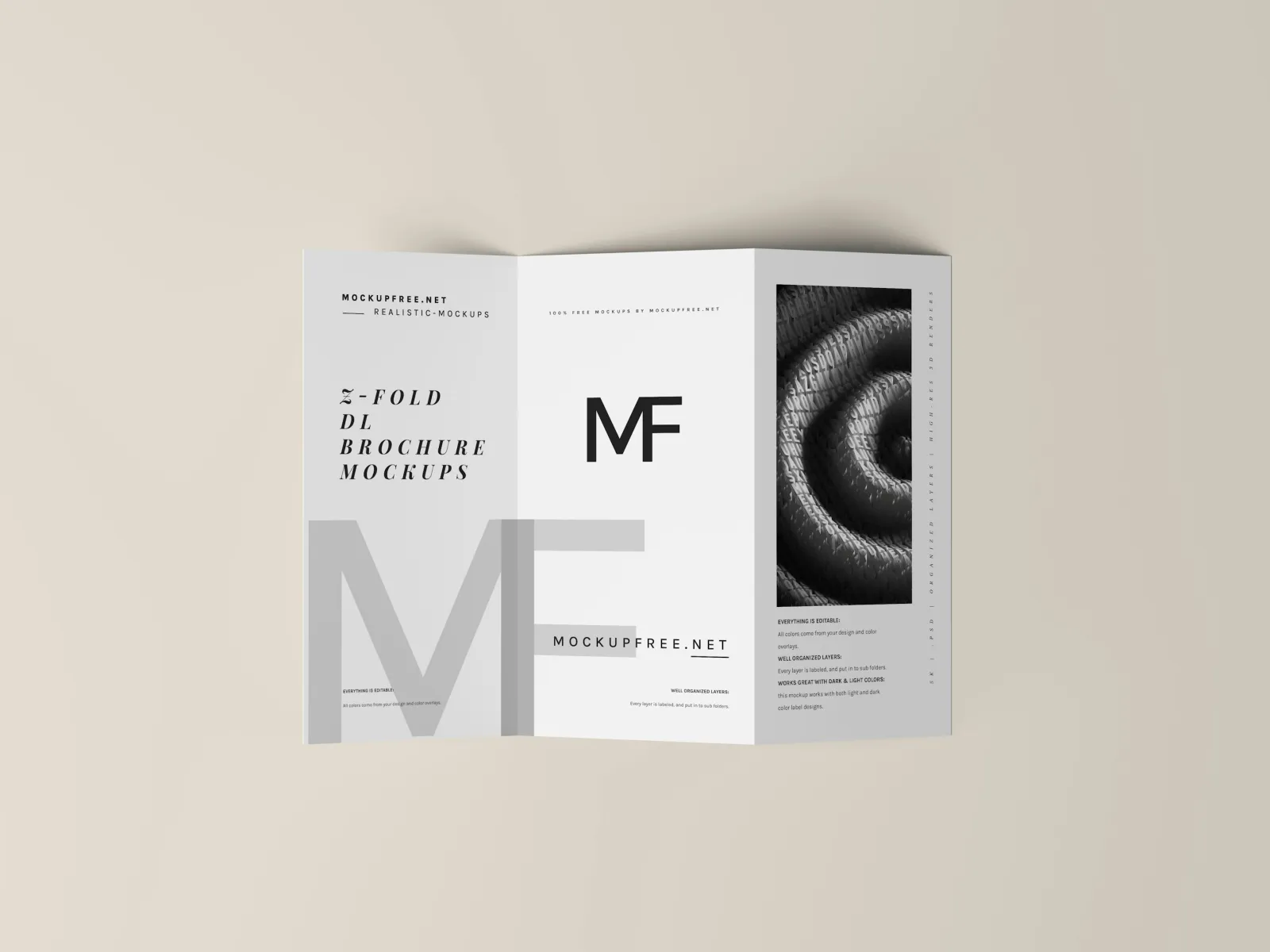 Minimalist tri-fold brochure mockup with black and white design and bold MF logo on beige background.