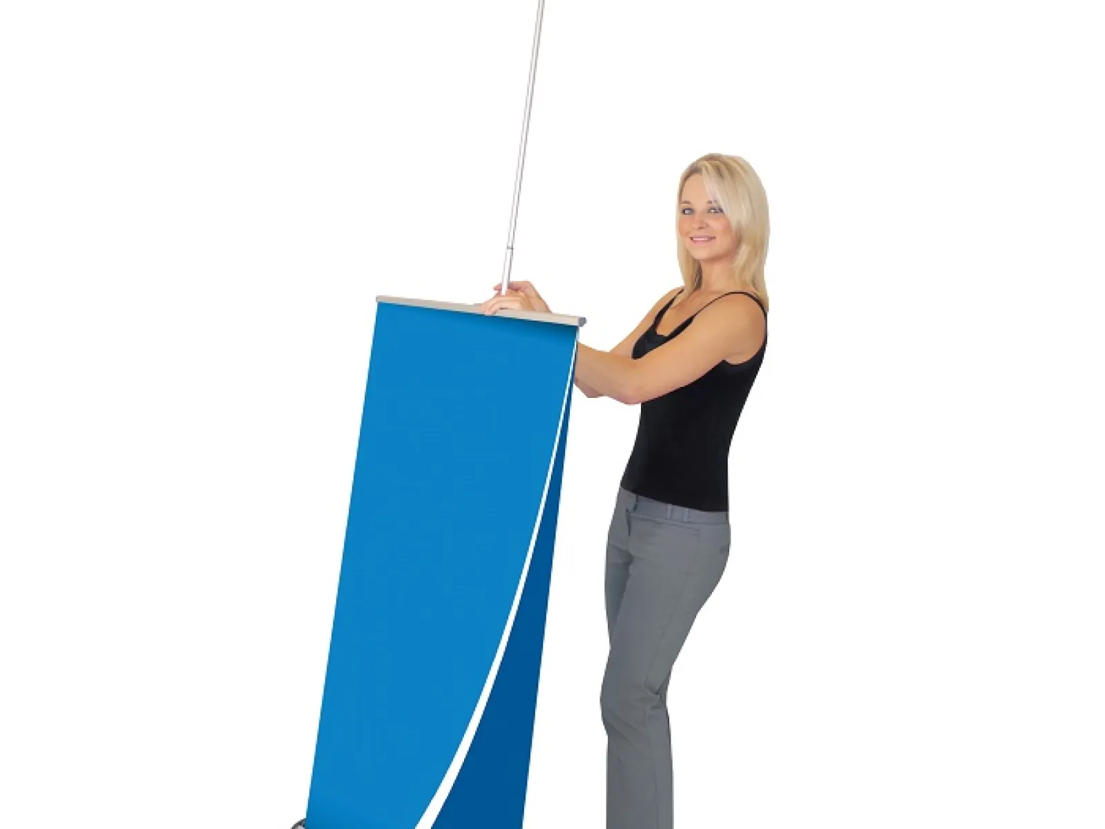a person holding a blue and white shopping bag