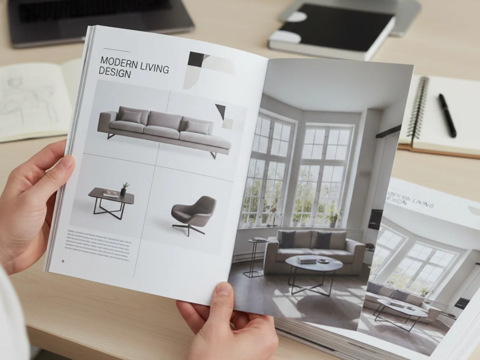 Person holding a modern living design magazine showing minimalist furniture and a bright living room interior