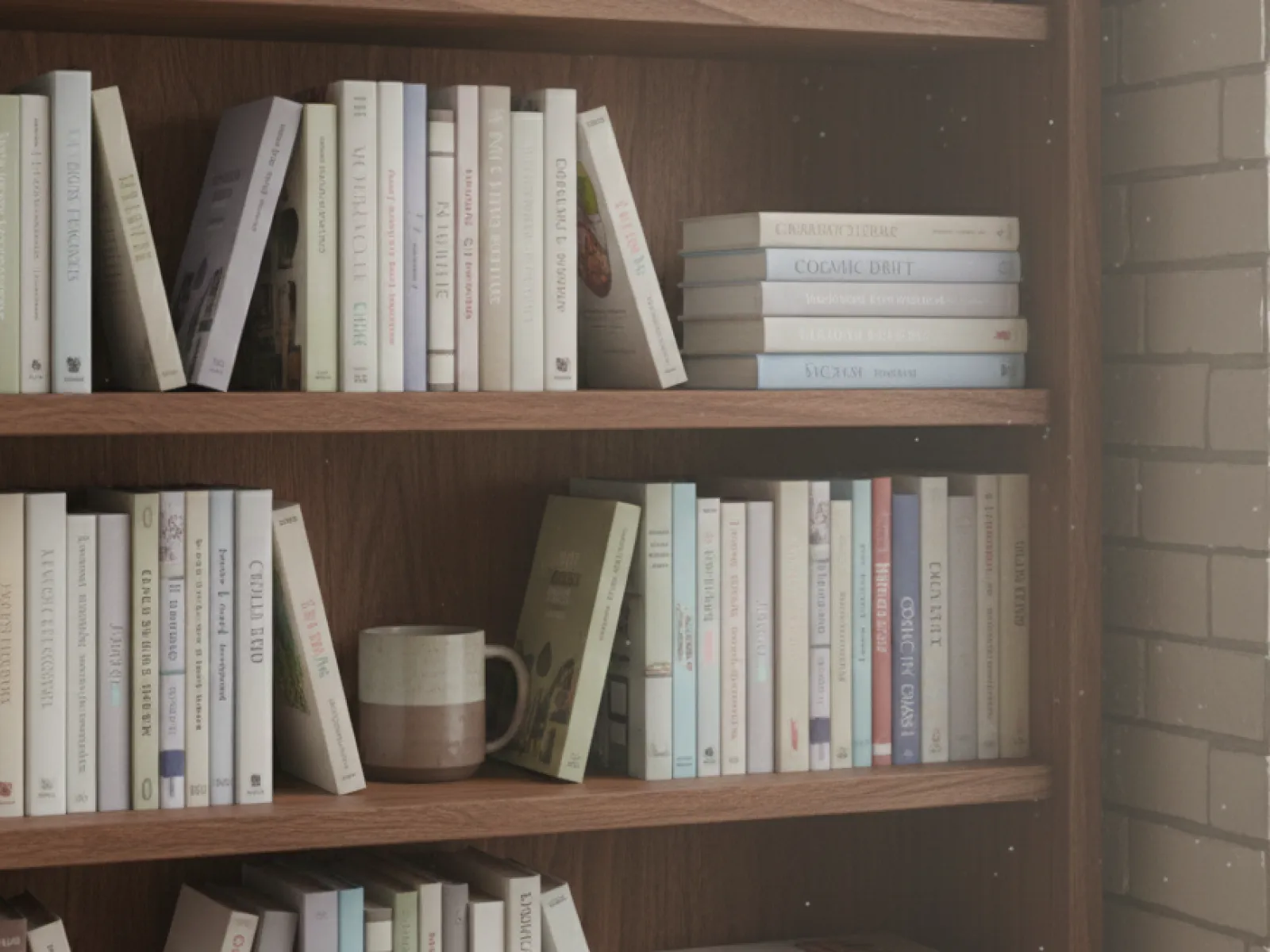 Wooden bookshelf filled with various books and a ceramic mug near a window with brick wall background.