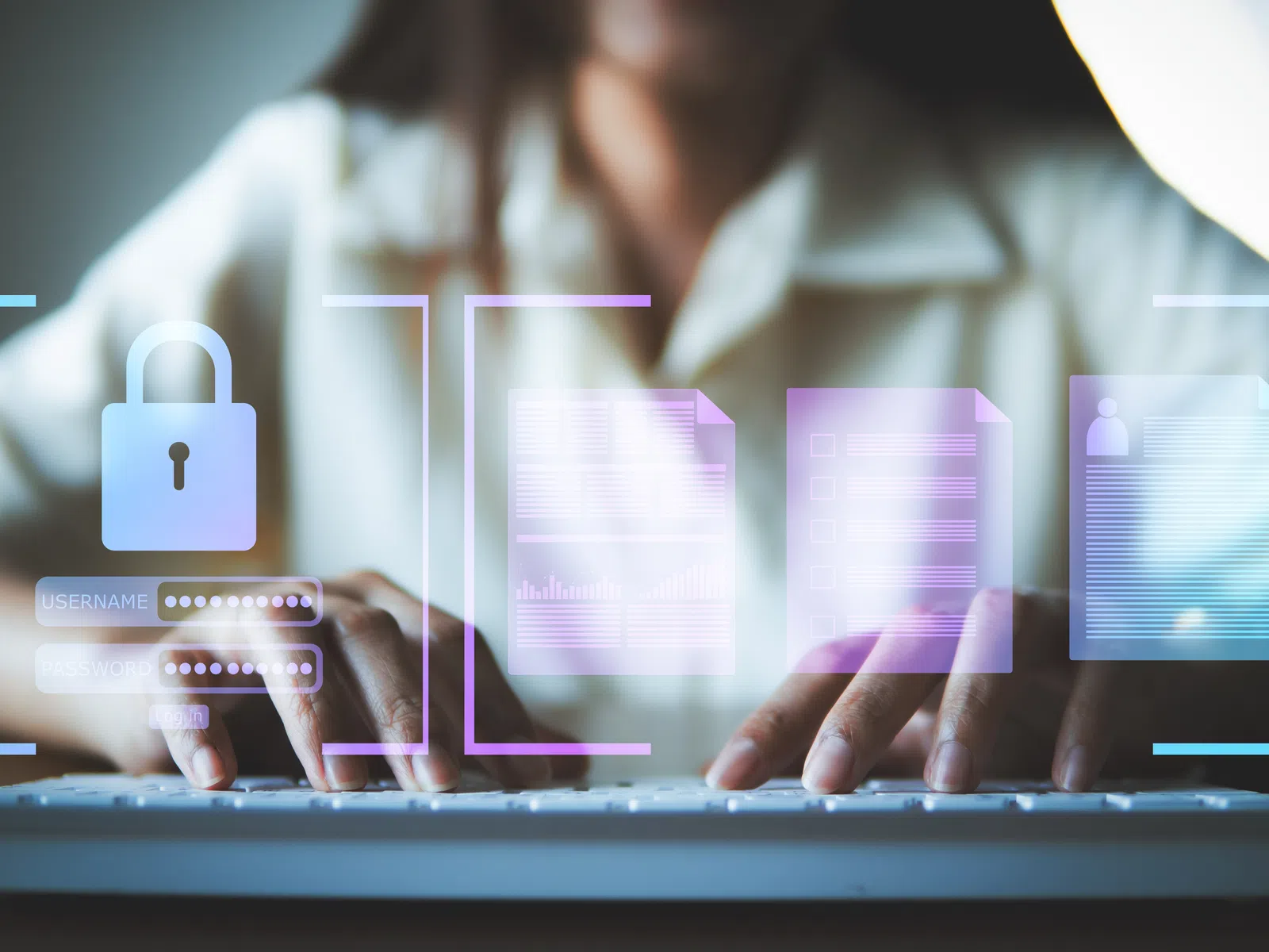 Person typing on keyboard with digital lock and document icons representing data security and privacy.