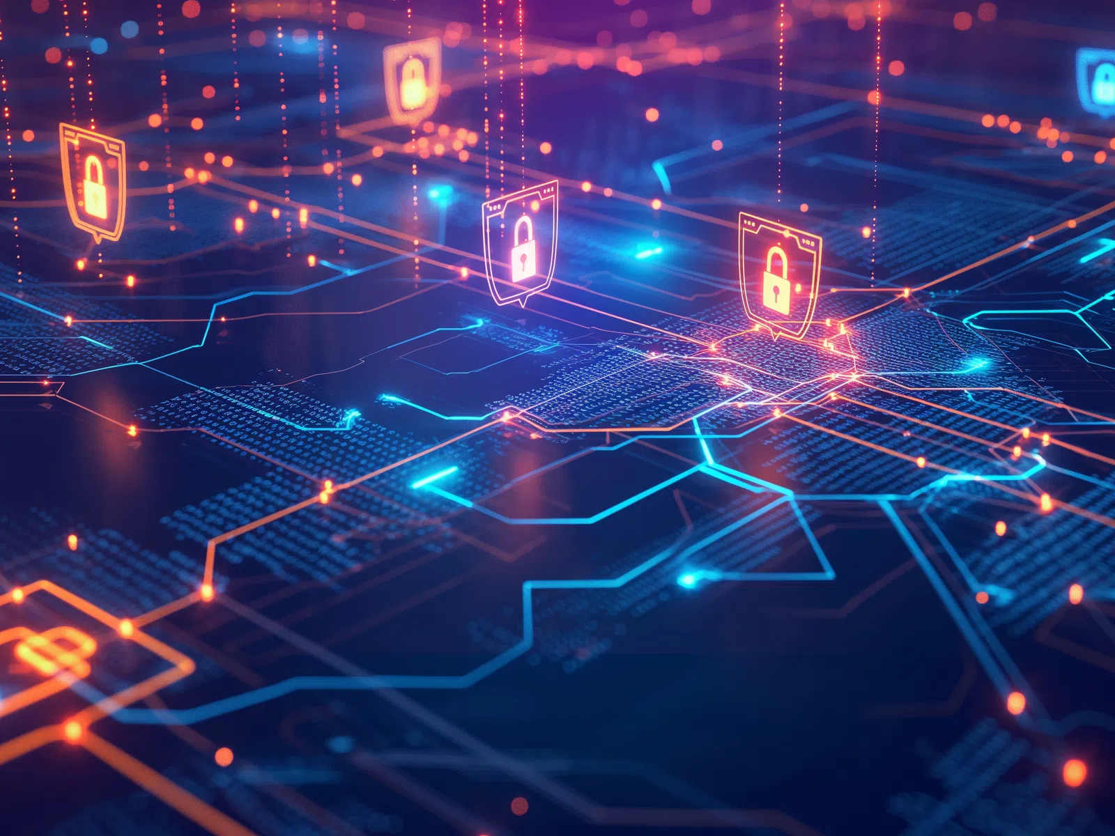 Digital network circuit with glowing security padlock icons representing cybersecurity and data protection.
