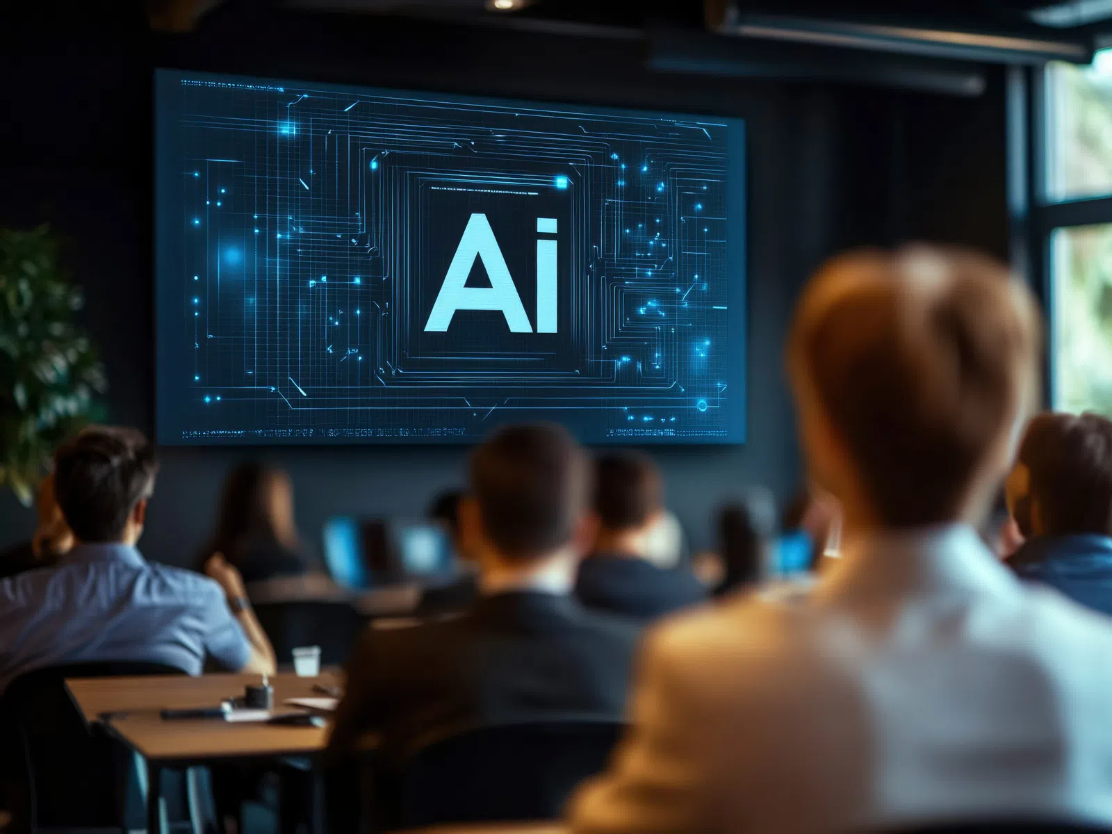 Audience attending a presentation on AI technology displayed on a large digital screen in a modern conference room.
