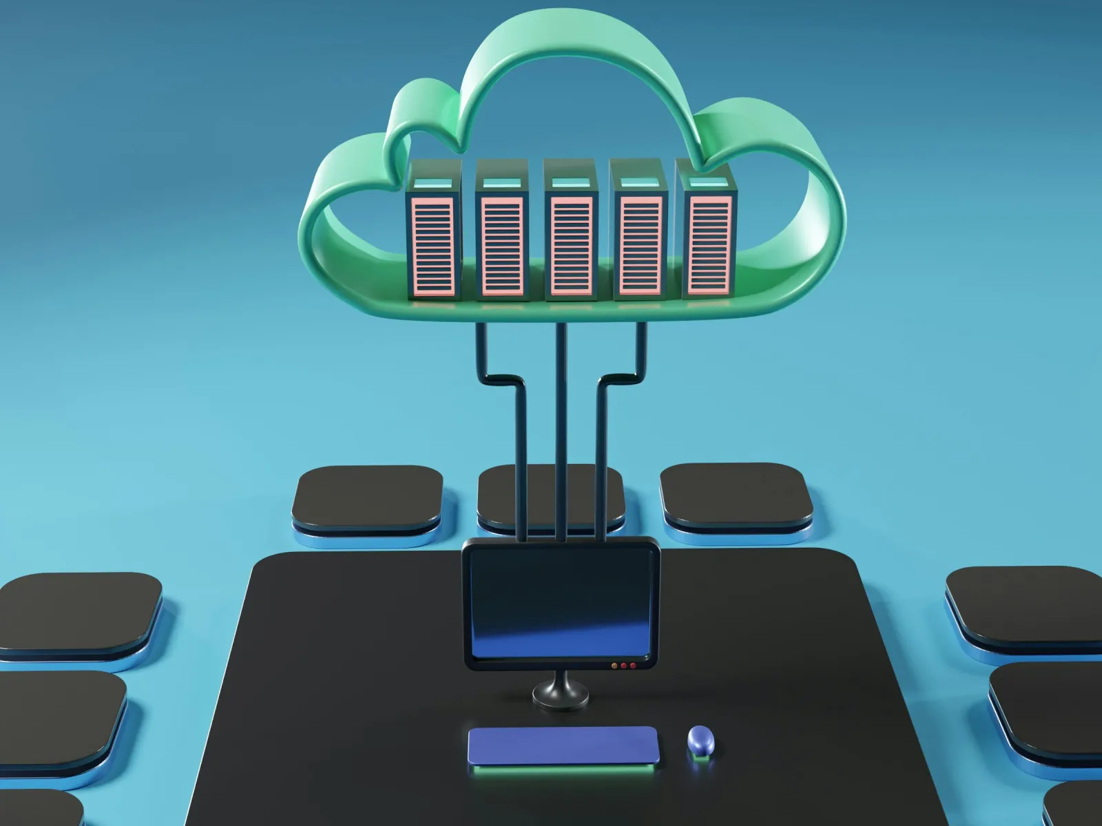 3D cloud with connected servers symbolizing cloud computing and data storage in a digital workspace.