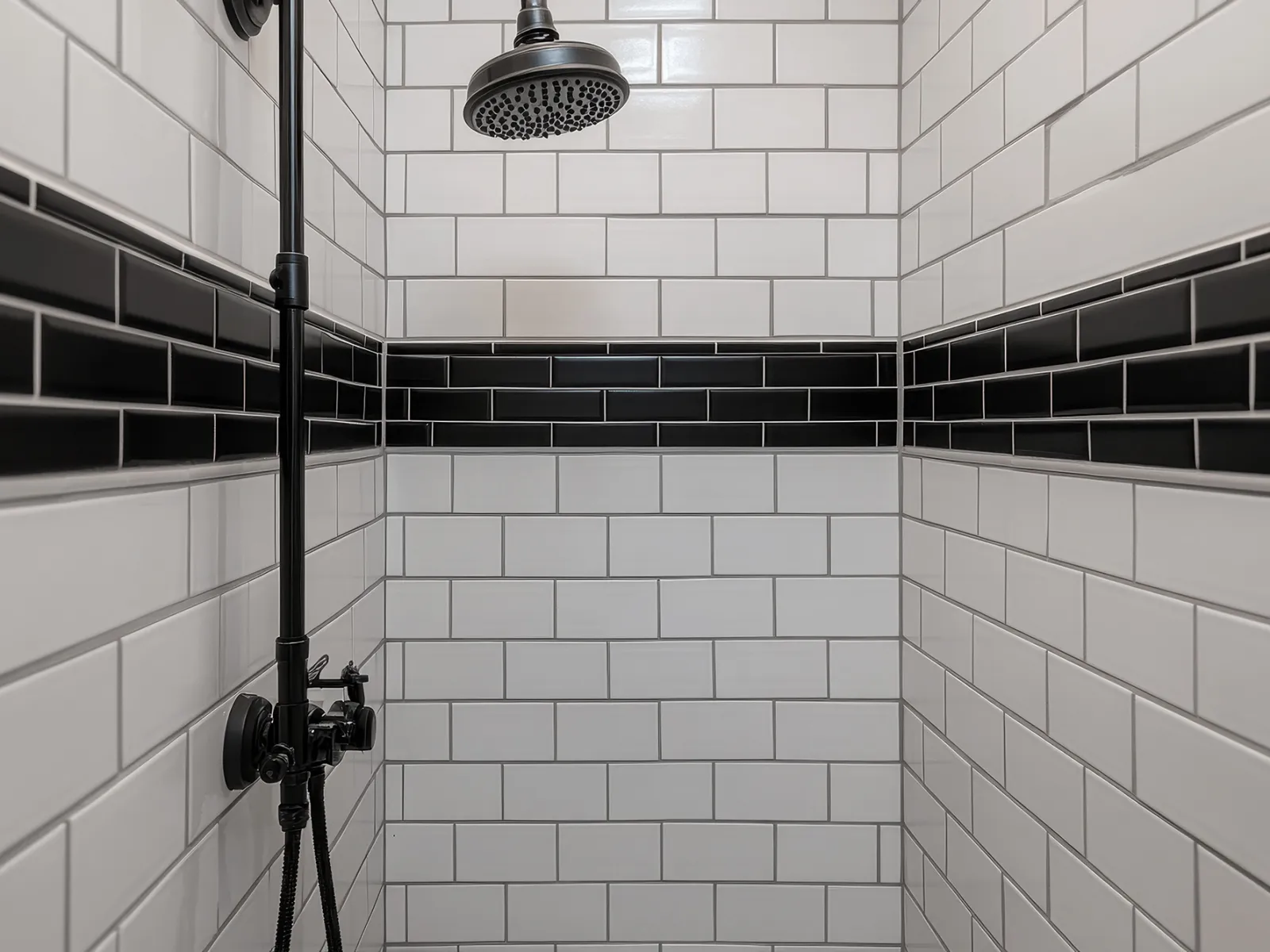 Modern shower with black fixtures and white subway tiles accented by a black tile border in bathroom.