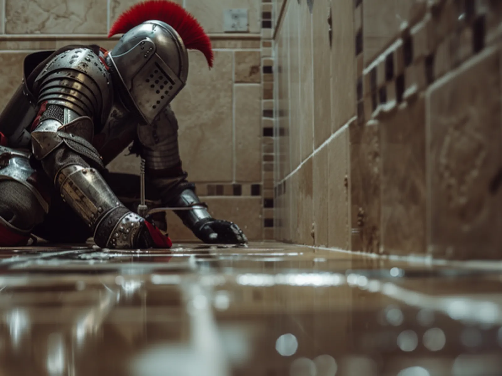 Knight in full armor with a red plume kneeling and inspecting shiny tiled floor in a narrow corridor.