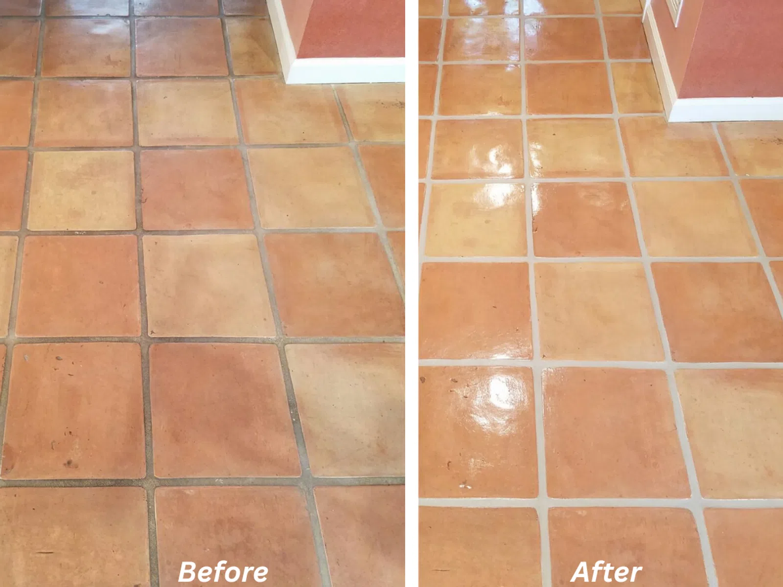 Before and after images showing restored and polished terracotta tile floor with improved grout cleanliness and shine.