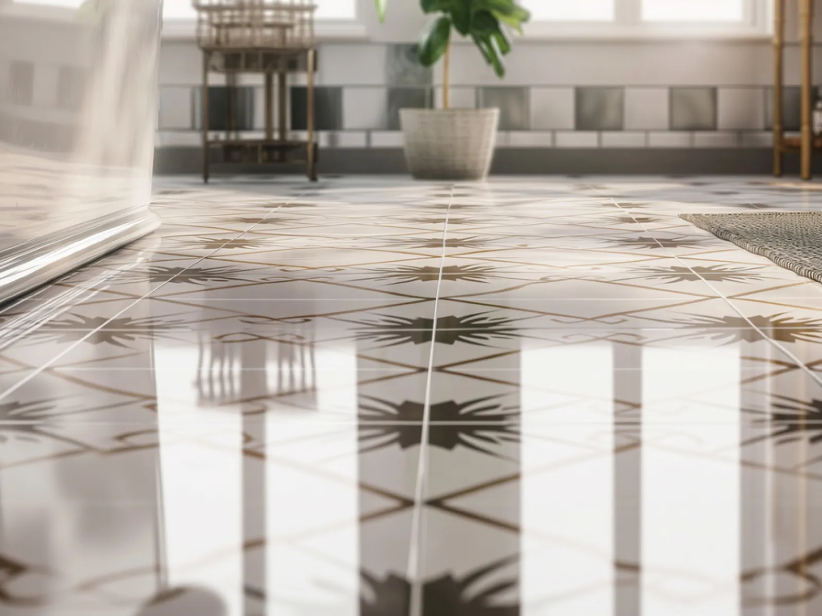 Glossy white floor tiles with black leaf patterns and geometric lines reflect sunlight in a modern room.