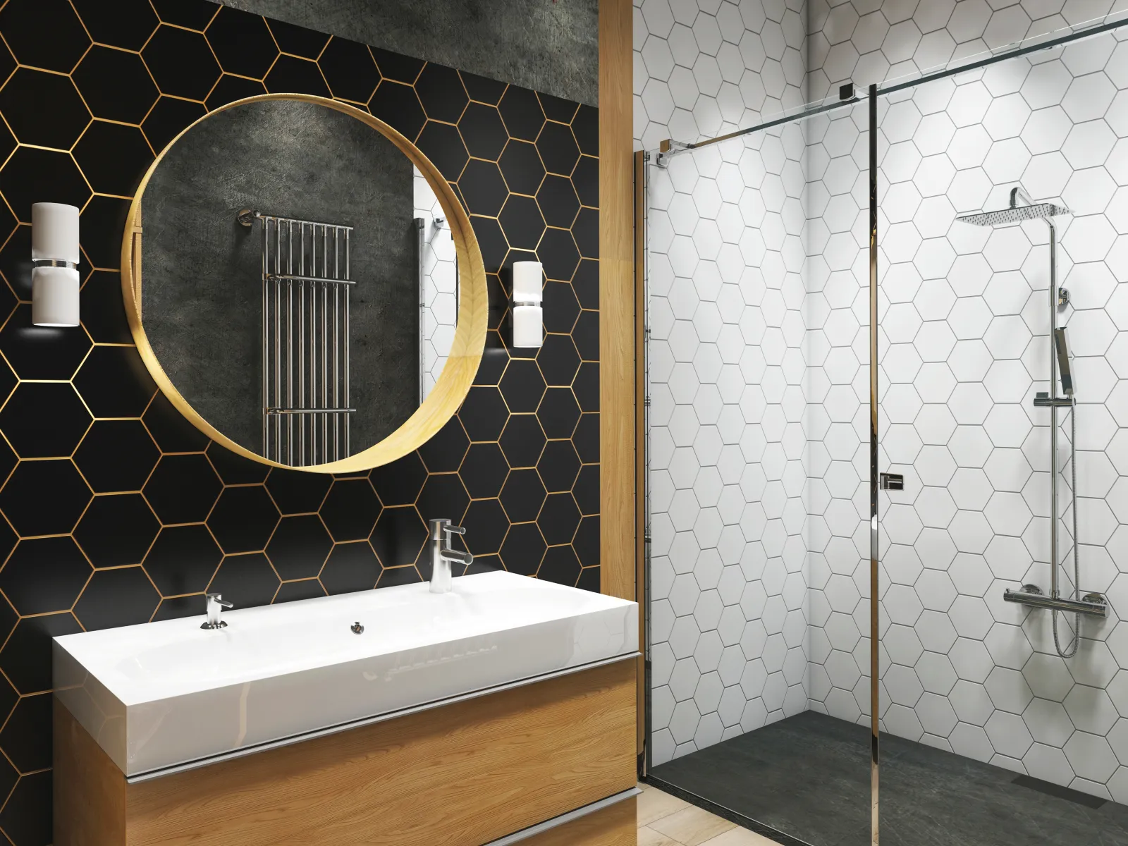 Modern bathroom with black and white hexagonal tile walls, round mirror, wooden vanity, and glass shower enclosure.