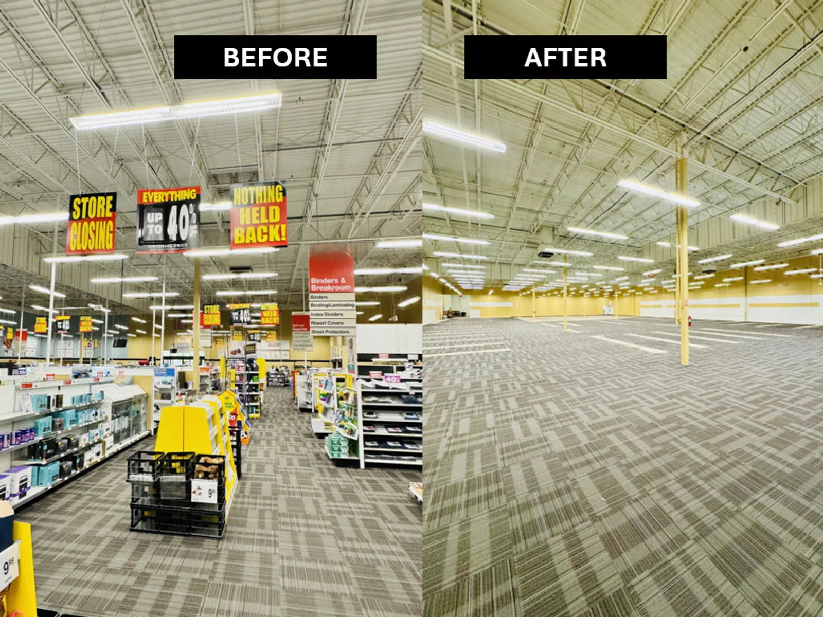 Side-by-side before and after images of a retail store with shelves and sale signs versus an empty carpeted space.