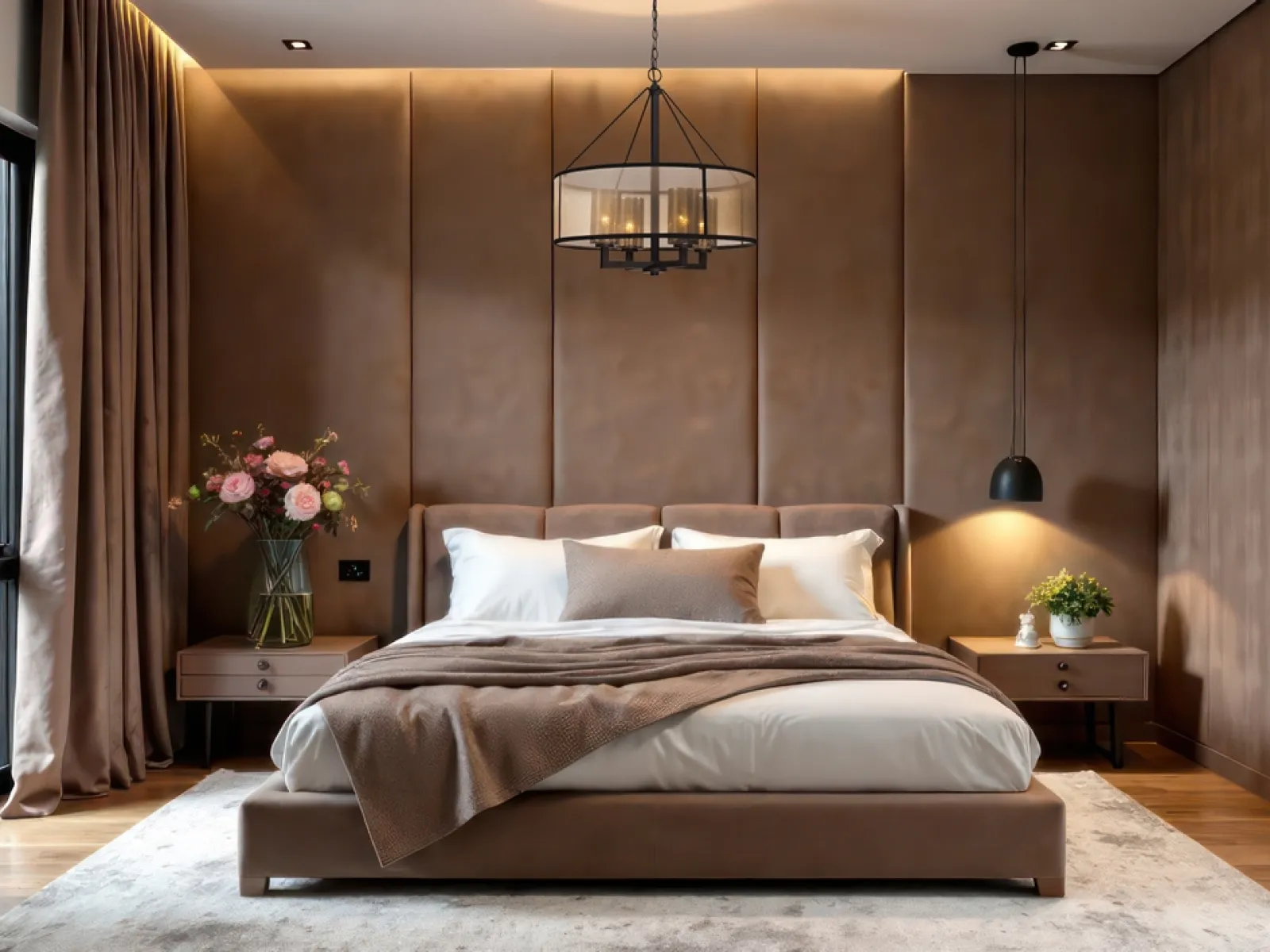 Modern bedroom with brown upholstered bed, paneled wall, pendant lights, nightstands, and large window with curtains