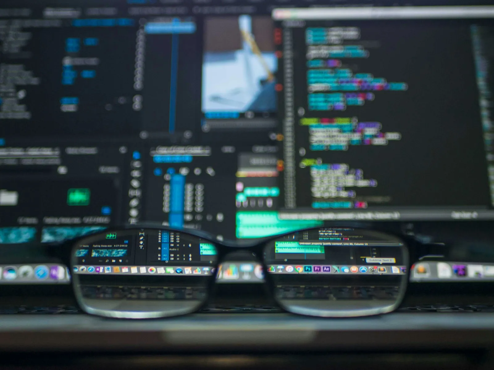 Programming code viewed clearly through eyeglasses with blurred computer screens in the background