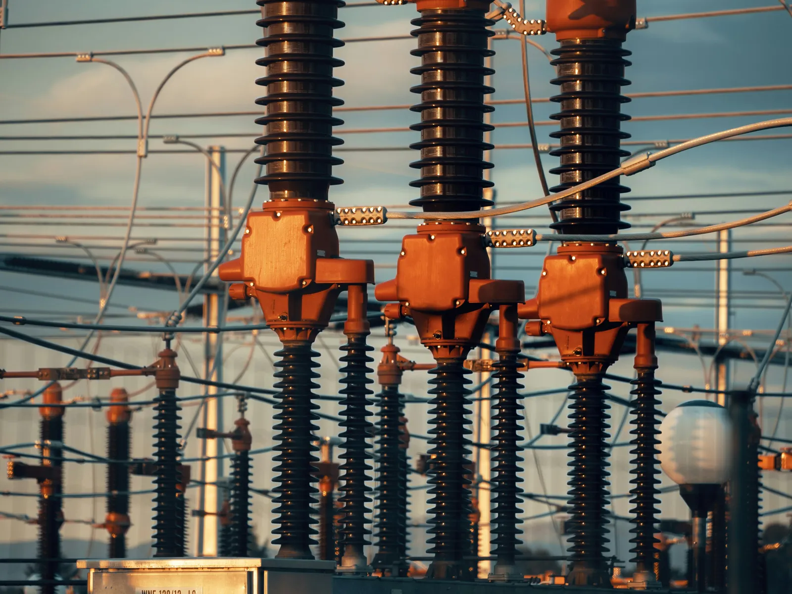 Electrical substation components with insulators and wires under evening sky with warm light.