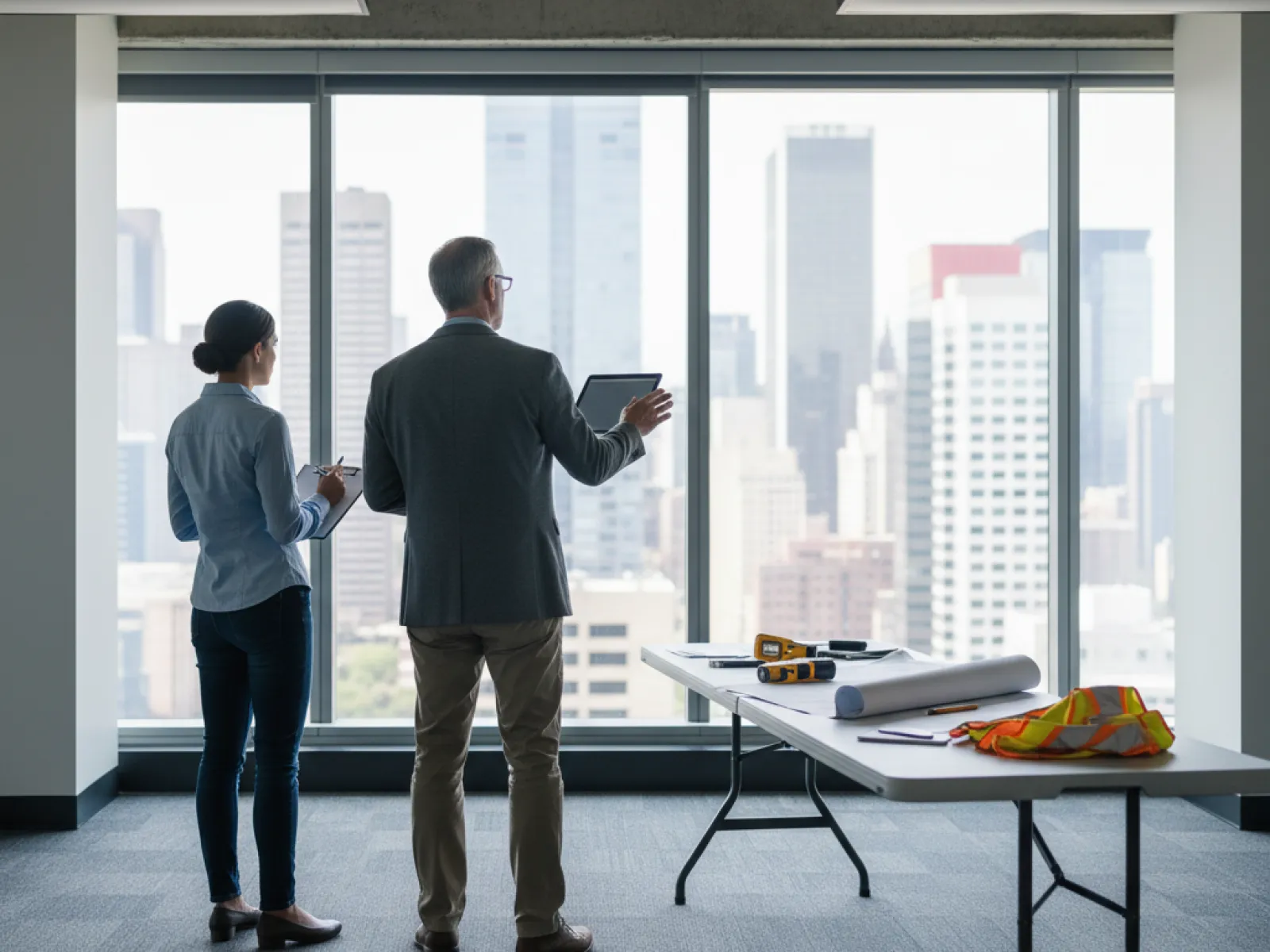 Two professionals review architectural plans near large windows overlooking a city skyline in a modern office.