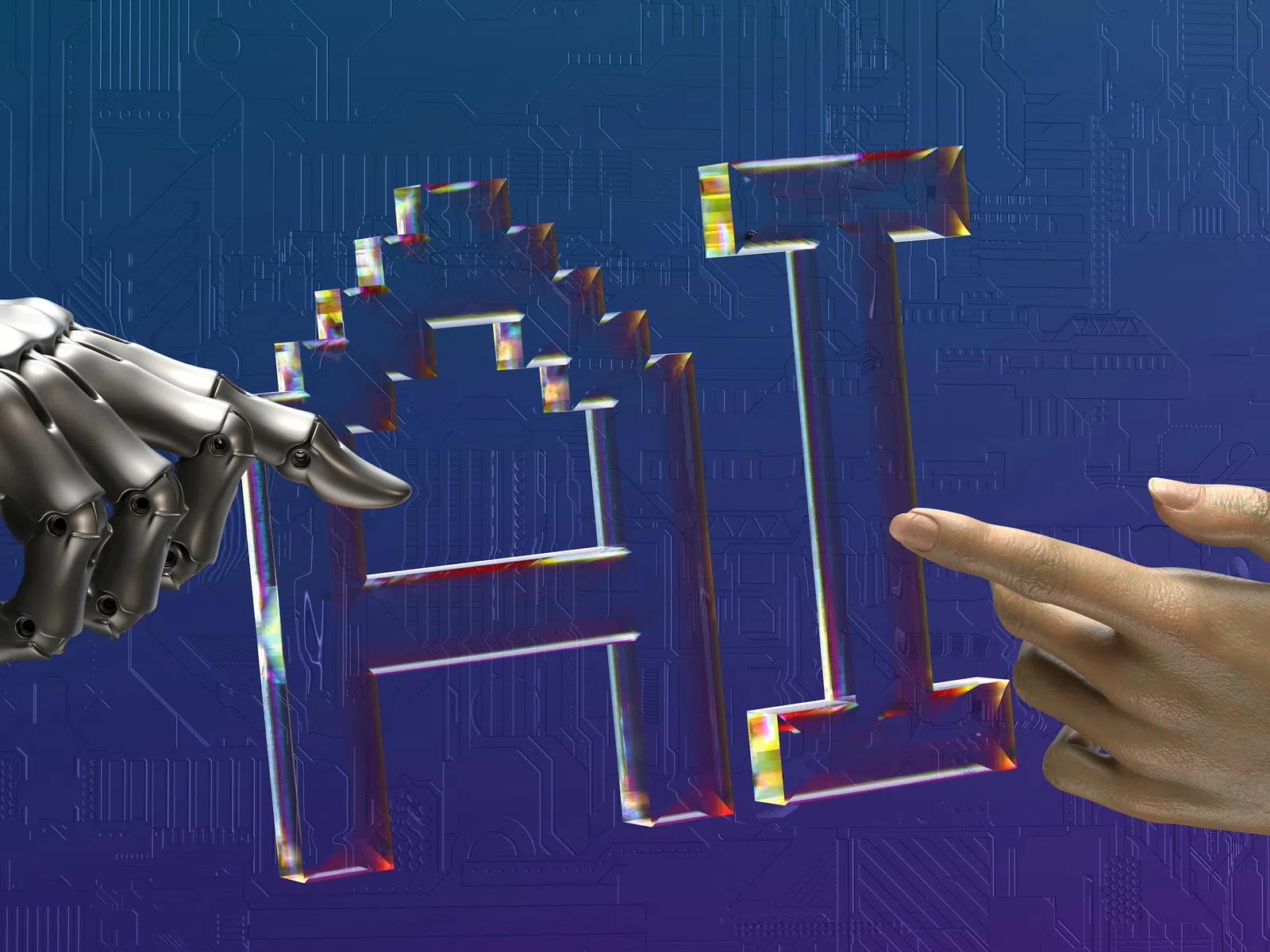 Robot hand and human hand pointing toward holographic AI letters on a blue circuitry background.