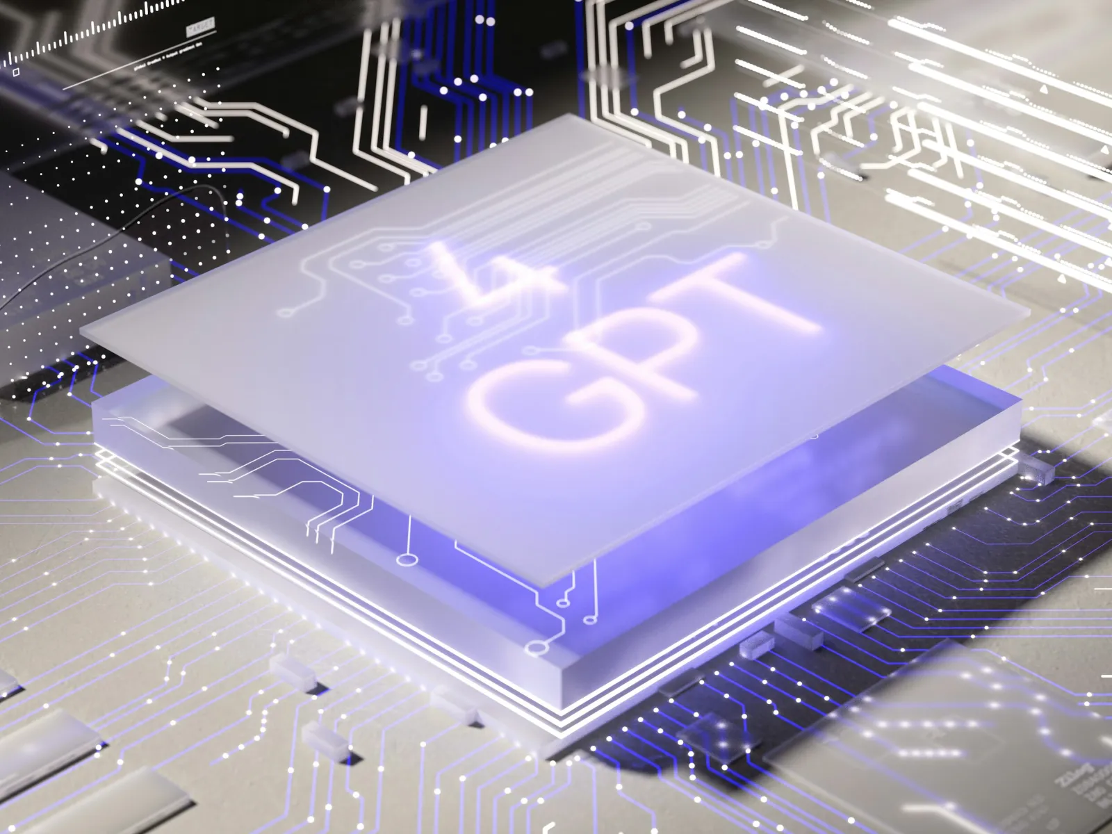 3D glowing GPT chip on a circuit board representing advanced AI technology and computing power.