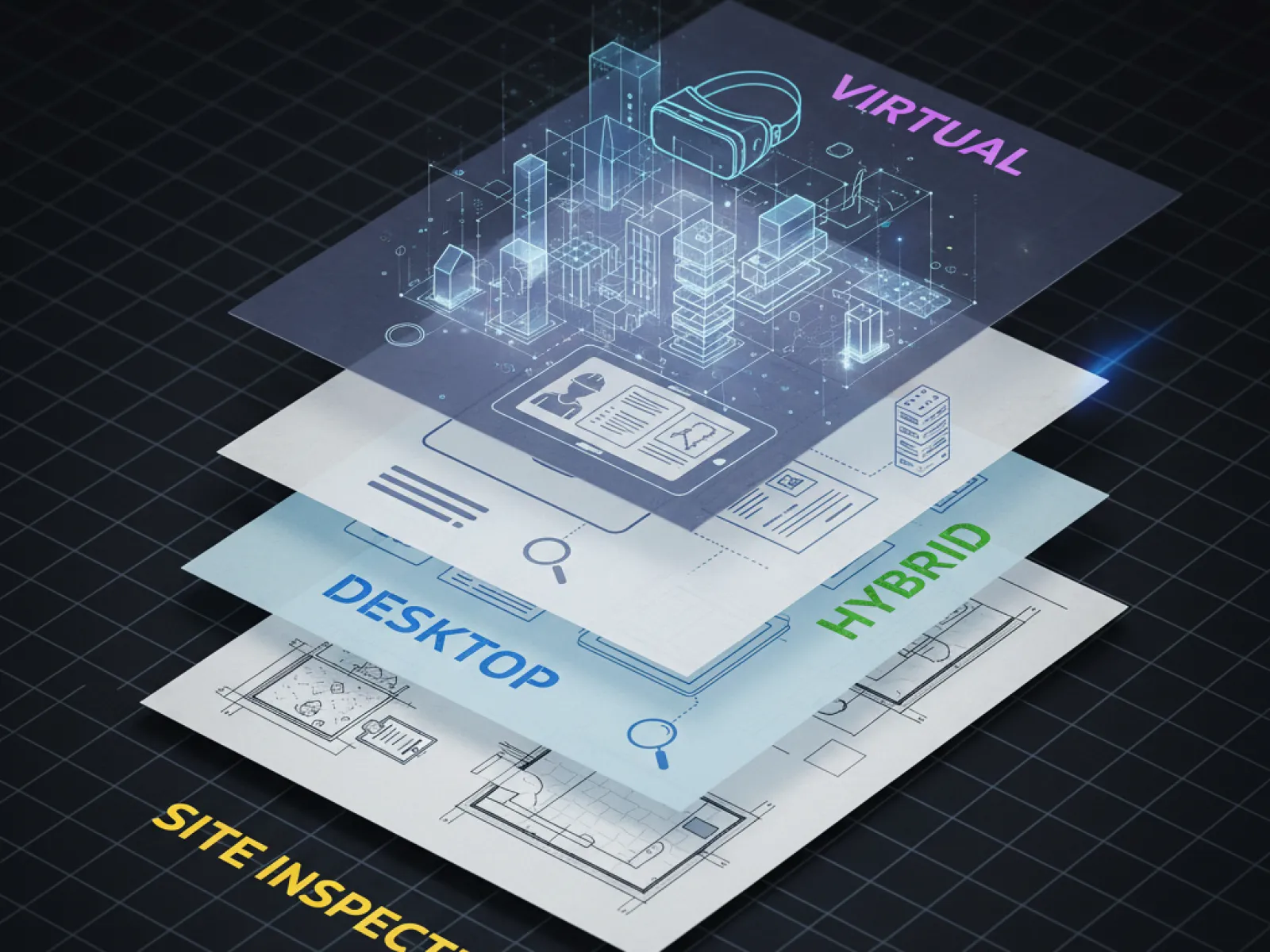 Layered digital blueprint illustrating virtual reality, hybrid, desktop, and site inspection technologies.