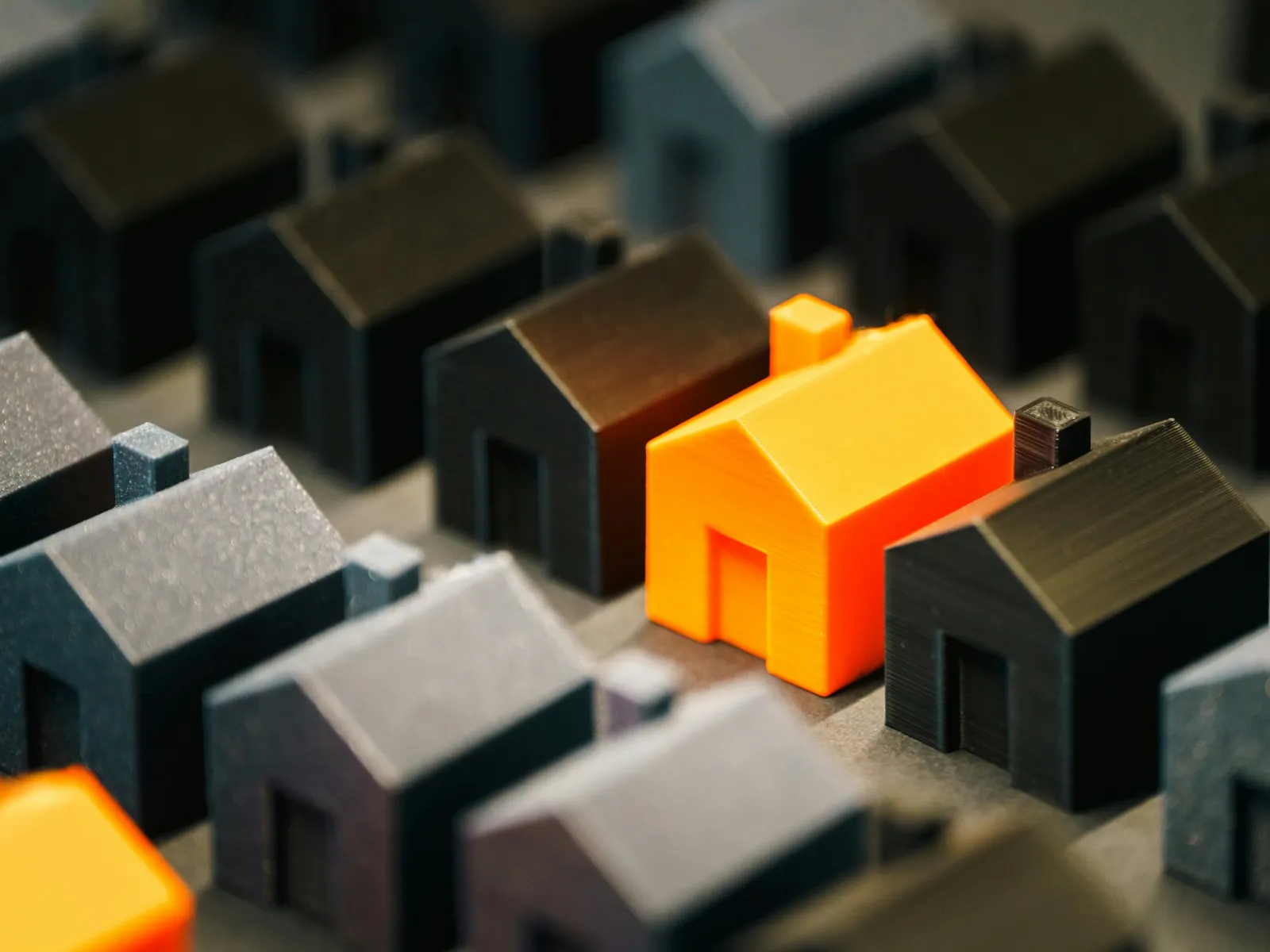 Bright orange 3D house model stands out among many dark gray house models in a grid layout.