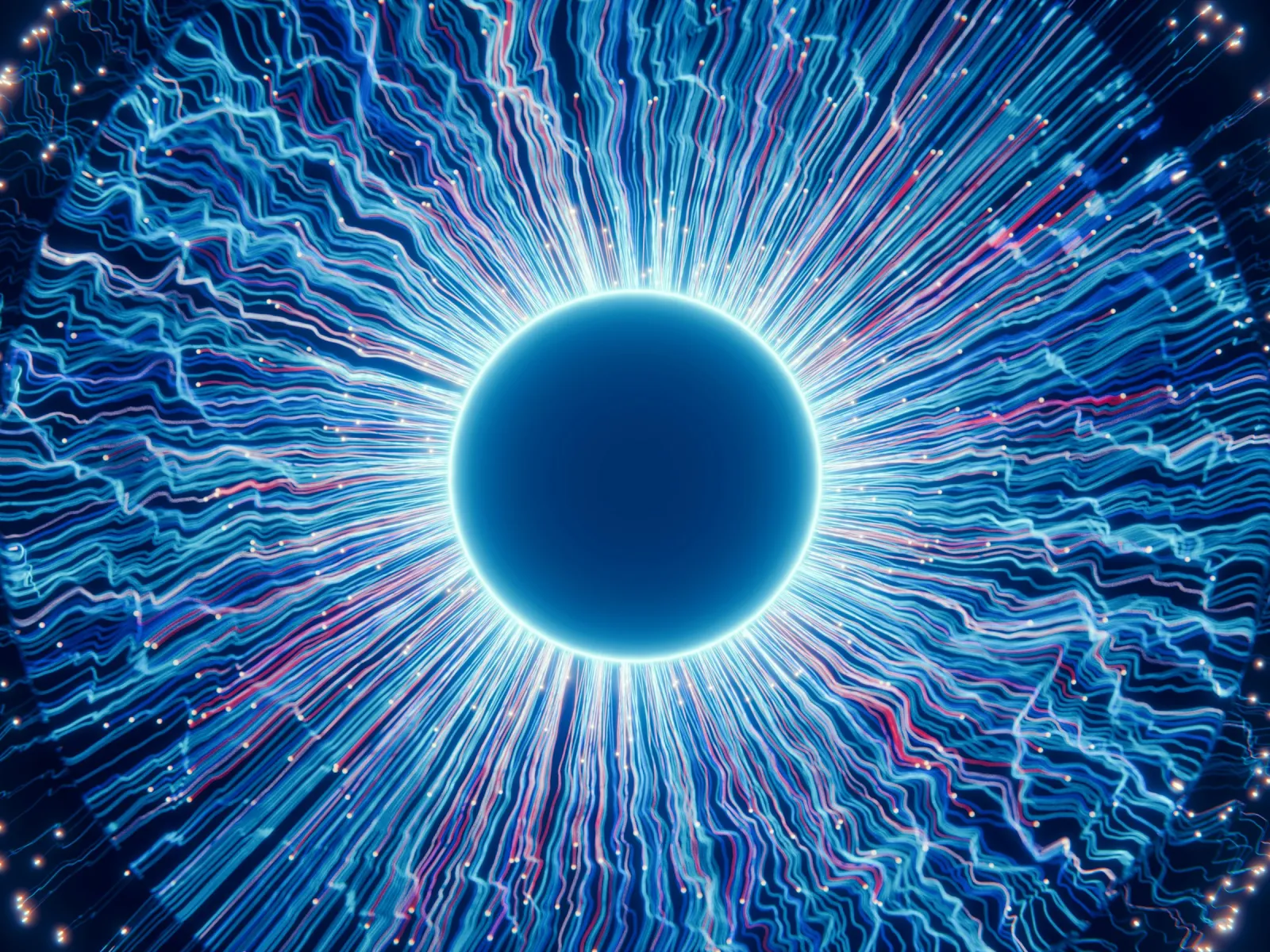 Glowing blue circular core with radiating electric light streaks and digital energy patterns.