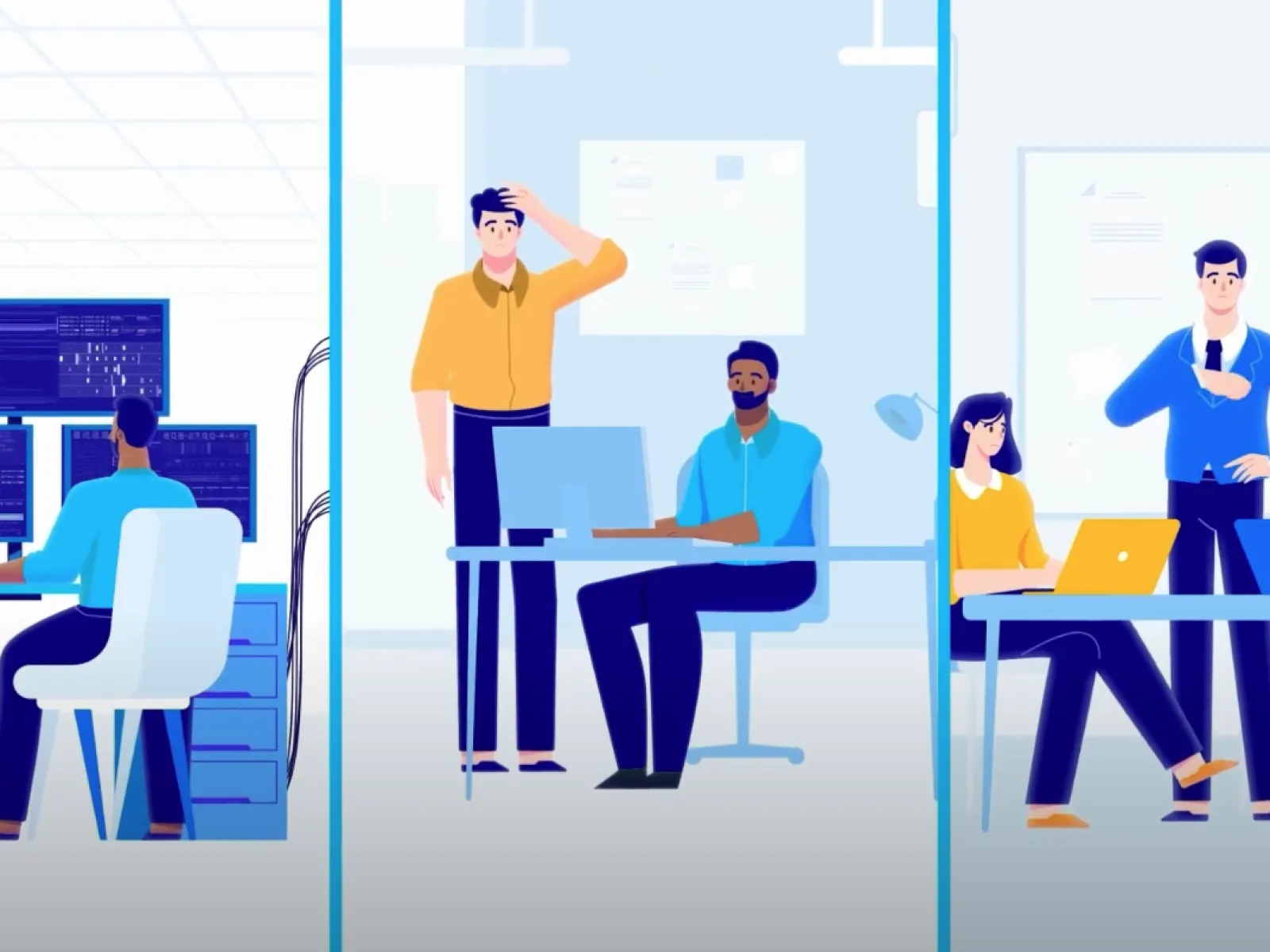 Illustration of diverse professionals collaborating and working together in a modern office environment.