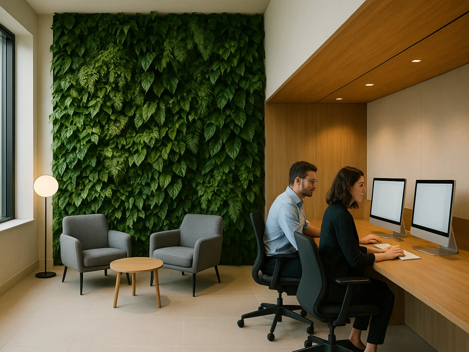 Modern office space with green plant wall, two people working at computers, and a cozy seating area.