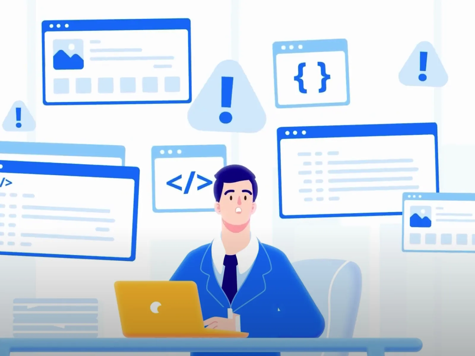 Illustration of a programmer at a desk working on a laptop surrounded by code and error notifications