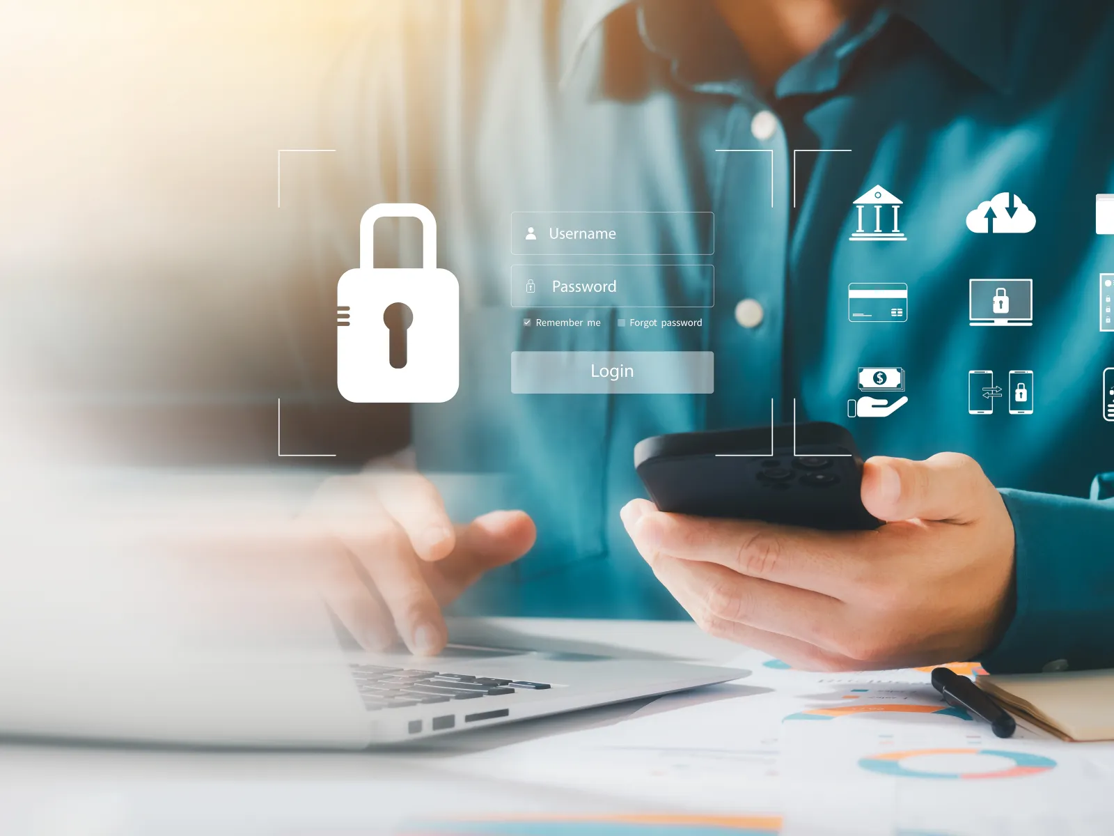A person using a smartphone while logging into a secure online account with visual security elements.