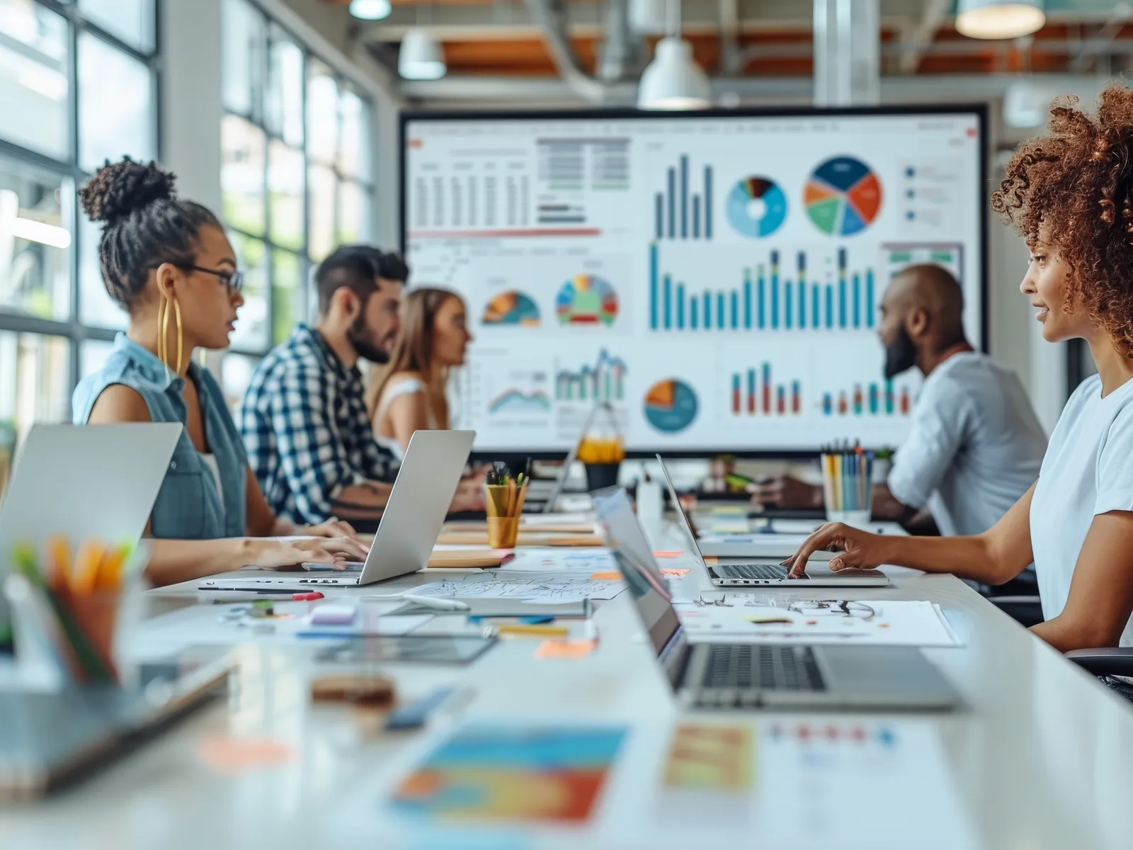 Diverse team analyzing business charts and graphs on laptops and large screen in modern office meeting