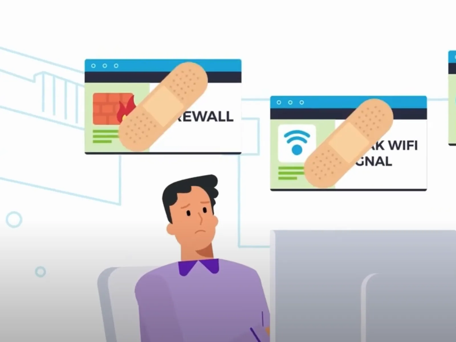 Man at computer with firewall, weak WiFi signal, and cloud routing errors marked by bandages.