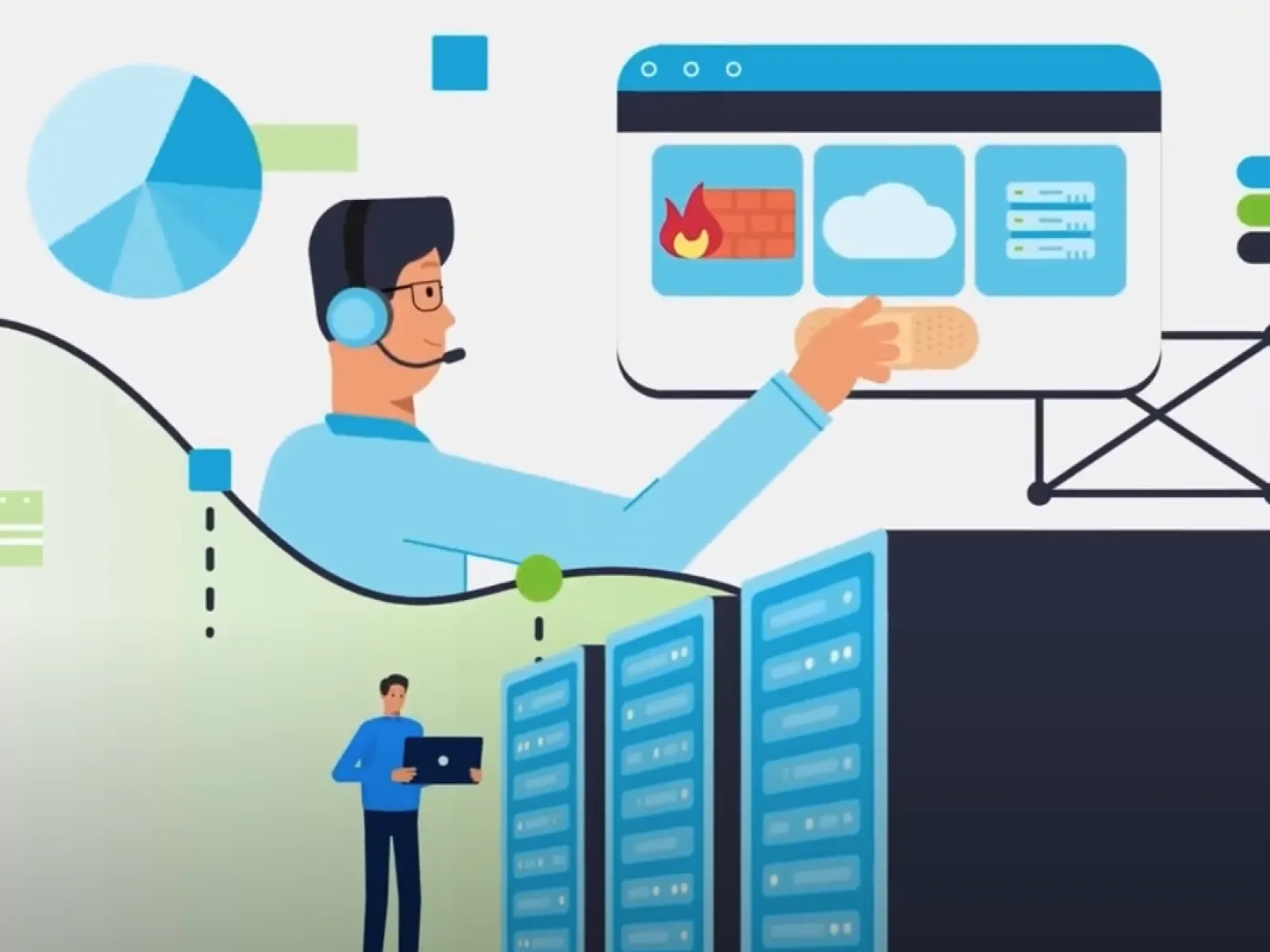 Illustration of IT support managing cloud, firewall, and servers with data charts and communication headset.
