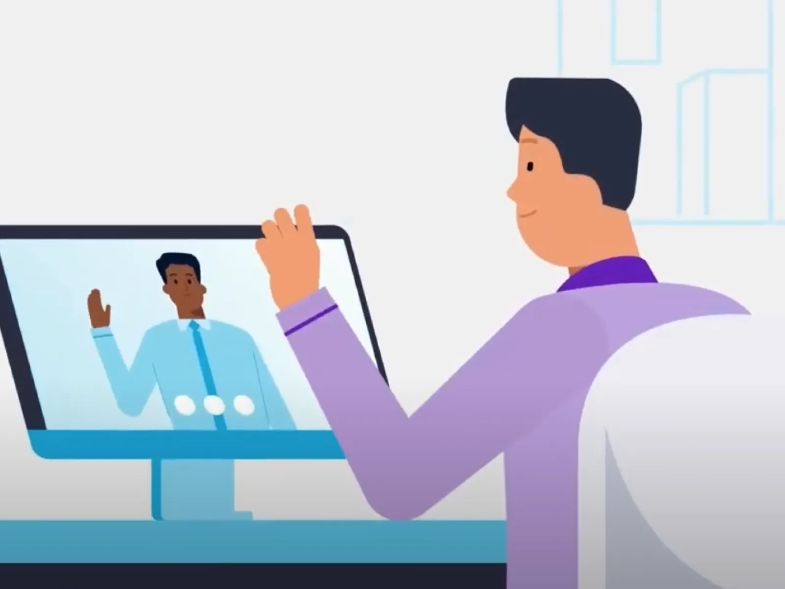 Illustration of two men waving during a video conference call on a computer screen in an office setting