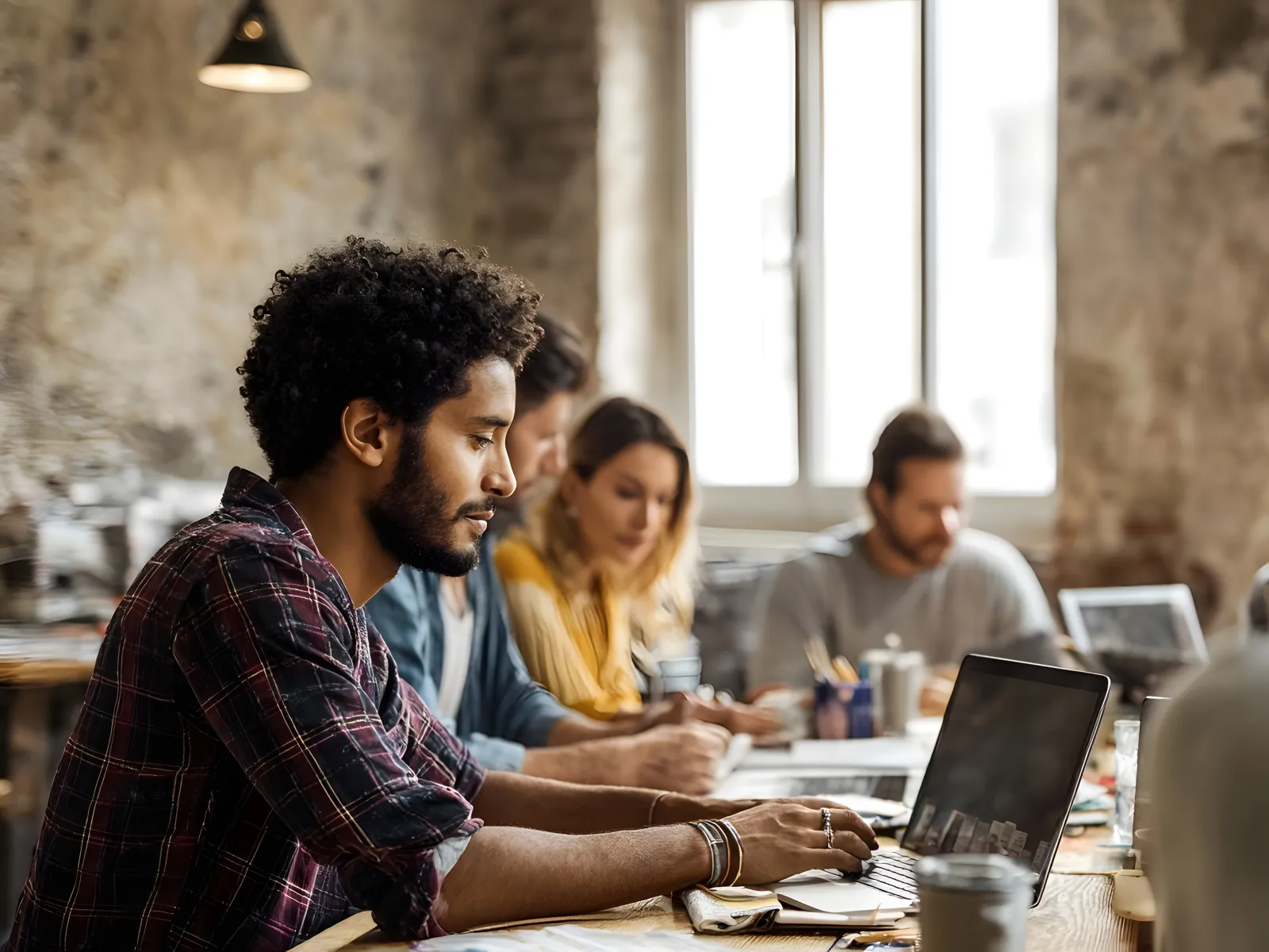 Young creative team collaborating and working on laptops and notes in a bright rustic office space.