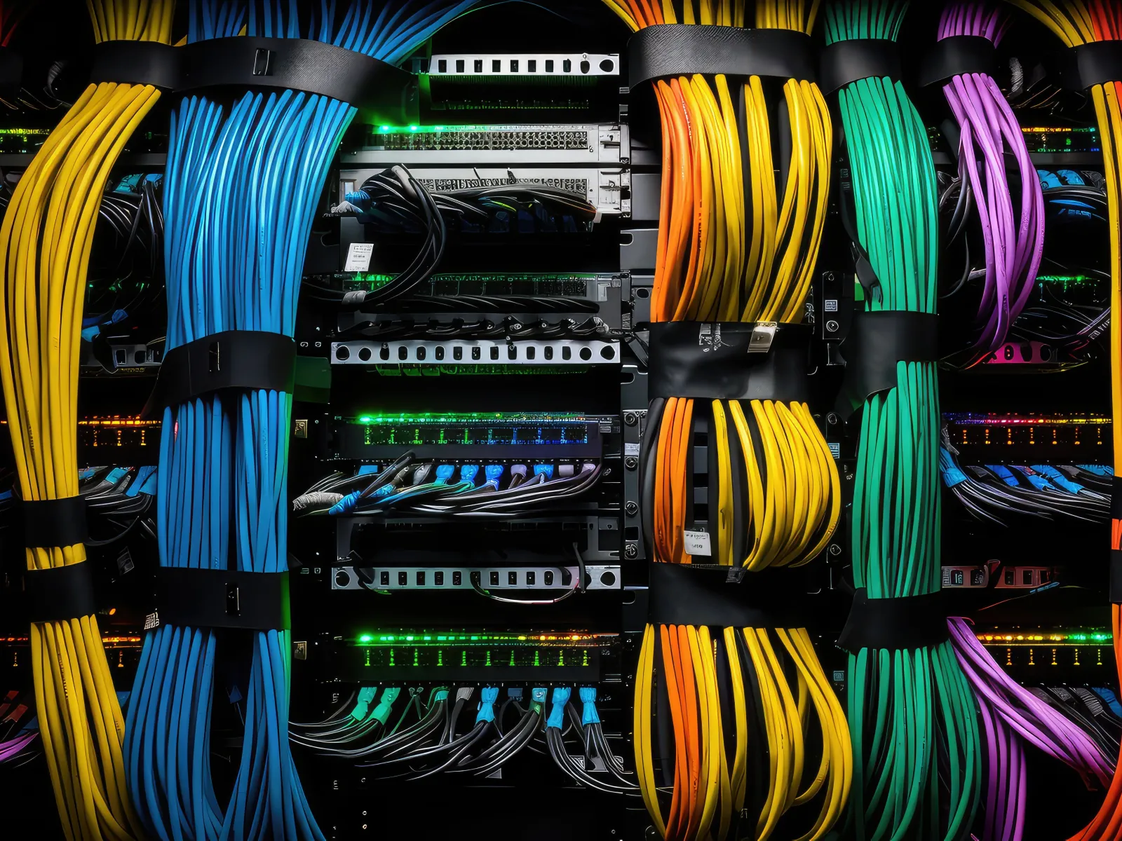 Organized server rack with colorful network cables in blue, yellow, orange, green, and purple connected to switches with green indicator lights.