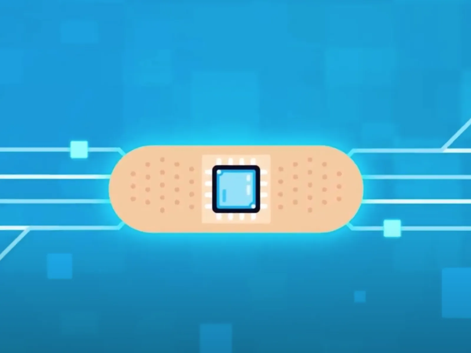 Digital microchip embedded in a medical adhesive bandage symbolizing tech and healthcare integration.