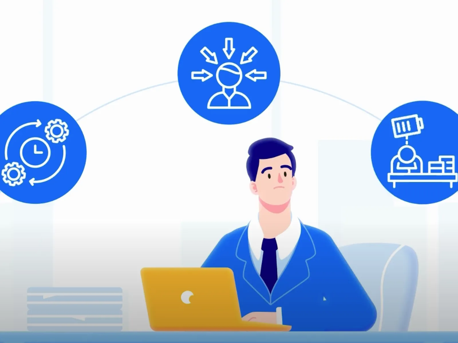 Businessman at desk with laptop surrounded by icons representing time management, stress, and workload.
