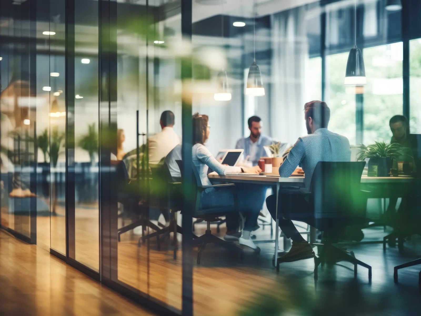 A modern office meeting with professionals collaborating at a large table surrounded by greenery.