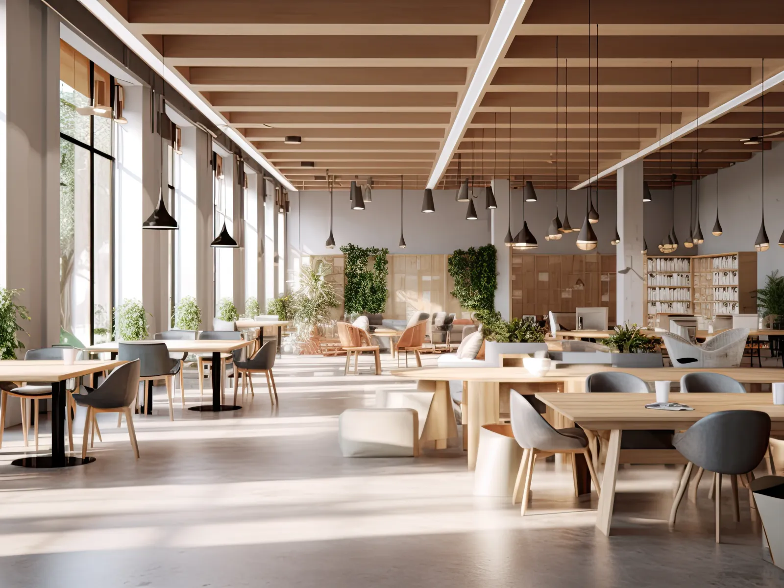 Modern conference room with large windows, long table, and rolling chairs, offering a spacious atmosphere.