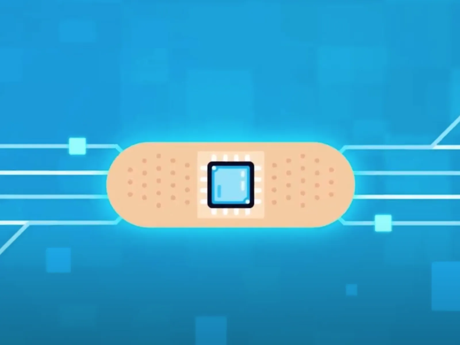 Bandage with a microchip integrated on a blue digital circuit background symbolizing smart technology in healthcare