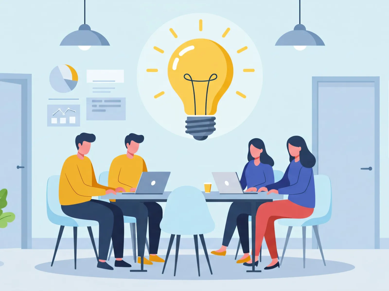 Four people working on laptops around a table with a glowing light bulb symbolizing ideas in an office setting.