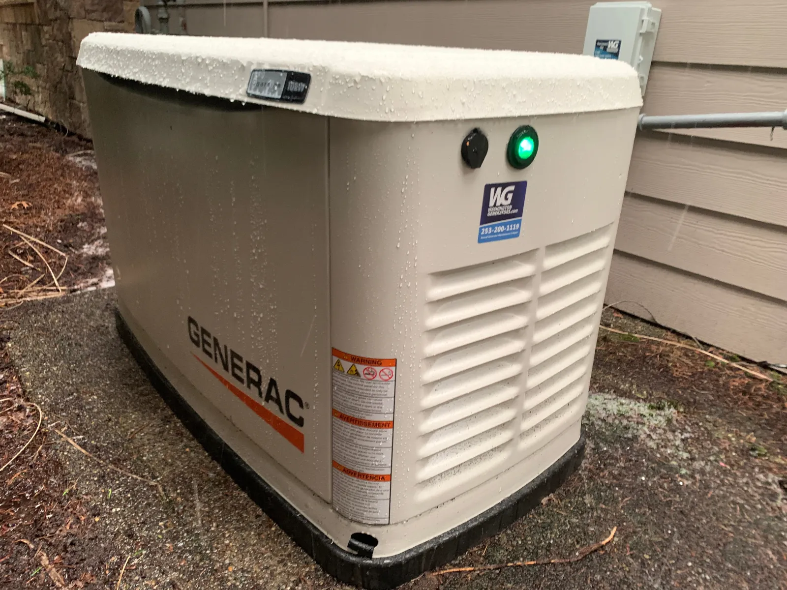 Generac generator in a residential setting, providing backup power during inclement weather.
