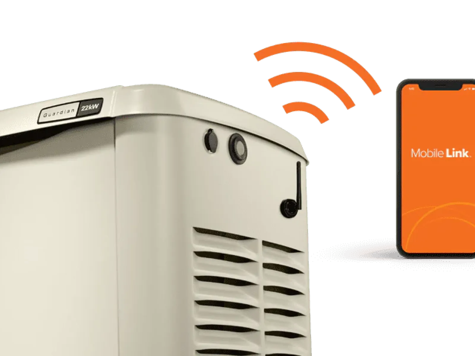 Guardian generator with mobile app connectivity and signal indication shown on smartphone.